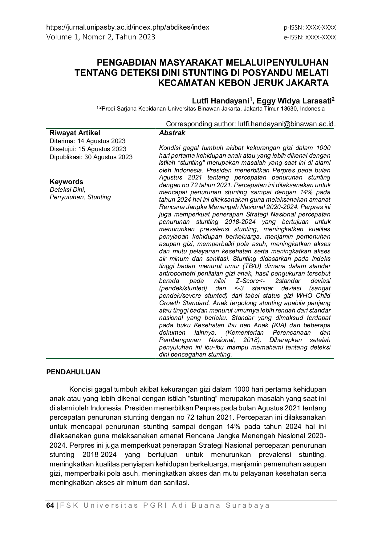 JURIS Pengabdian Masyarakat Melalui Penyuluhan Tentang Deteksi Dini Stunting di Posyandu Melati Kecamatan Kebon Jeruk Jakarta