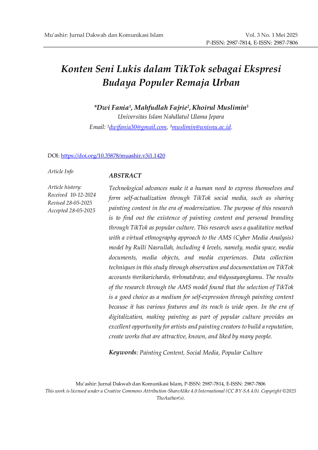 JURIS Konten Seni Lukis dalam TikTok sebagai Ekspresi Budaya Populer Remaja Urban