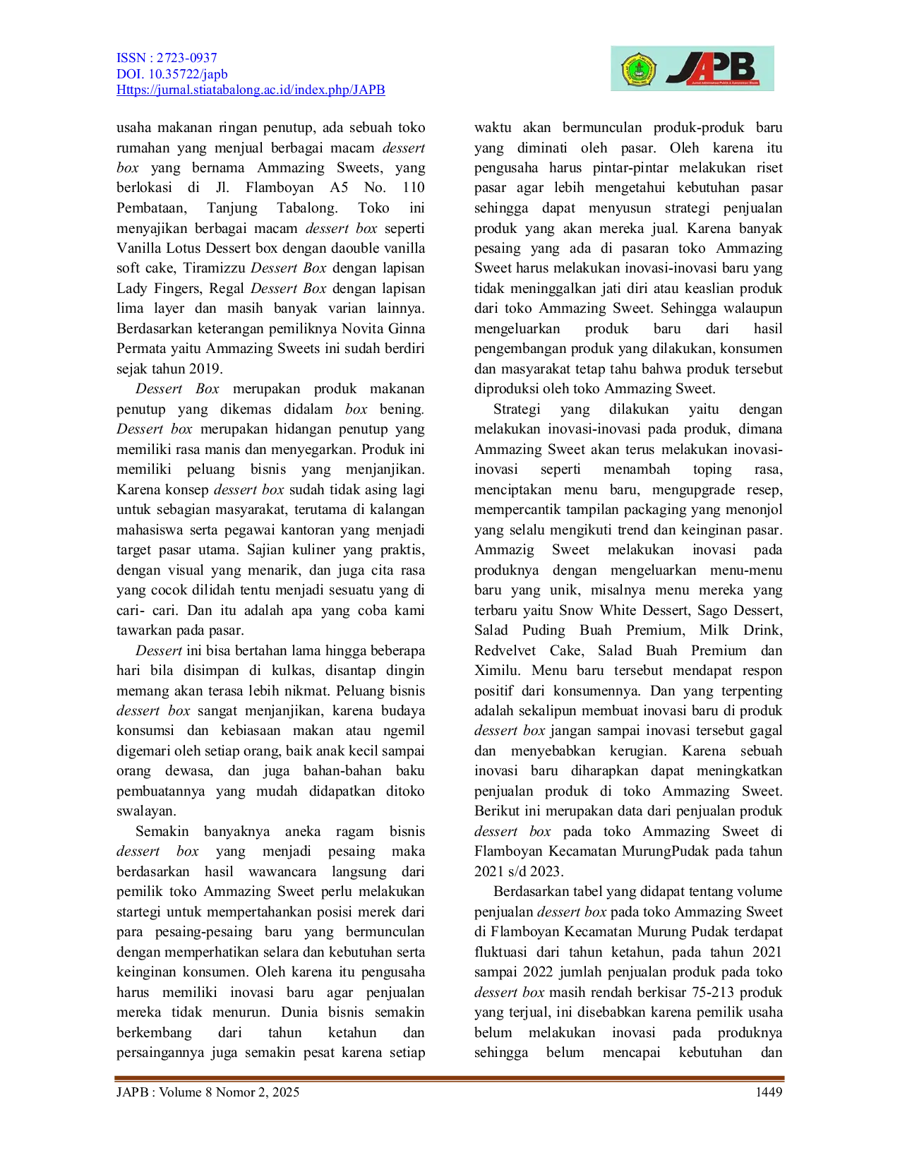 JURIS Pengaruh Inovasi Produk Terhadap Volume Penjualan Produk Dessert Box Pada Toko Ammazing Sweet Di Flamboyan Kecamatan Murung Pudak