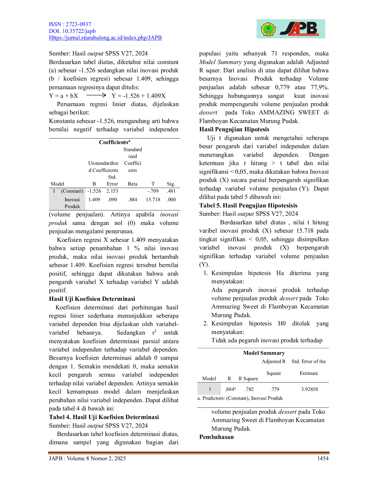 JURIS Pengaruh Inovasi Produk Terhadap Volume Penjualan Produk Dessert Box Pada Toko Ammazing Sweet Di Flamboyan Kecamatan Murung Pudak