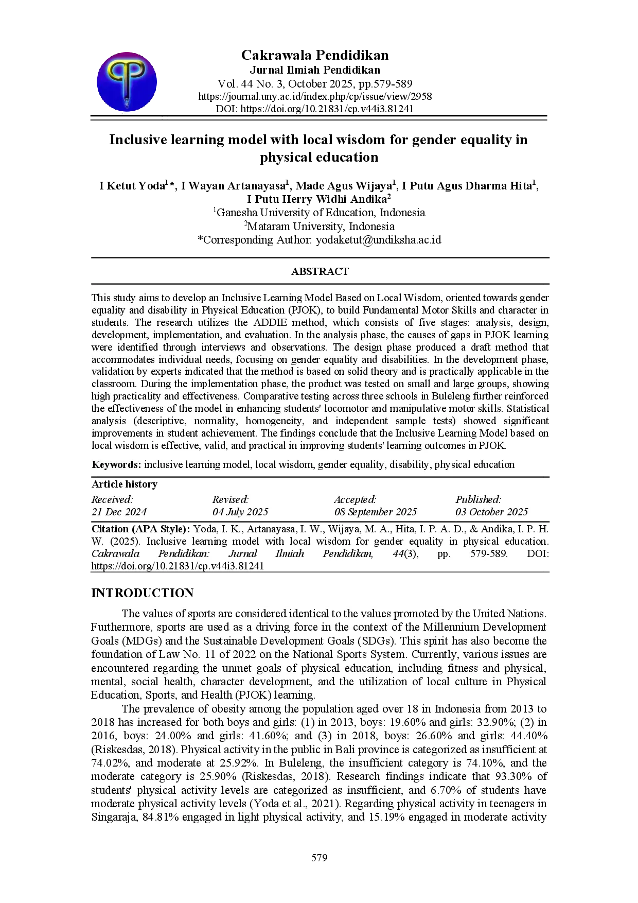 juris Inclusive learning model with local wisdom for gender equality in physical education