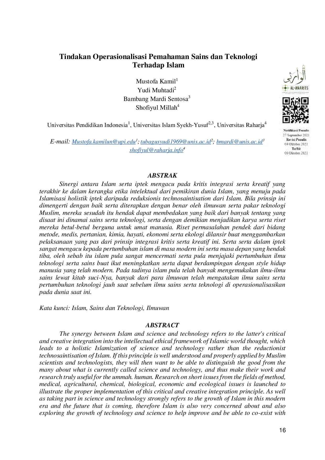 JURIS Tindakan Operasionalisasi Pemahaman Sains dan Teknologi Terhadap Islam