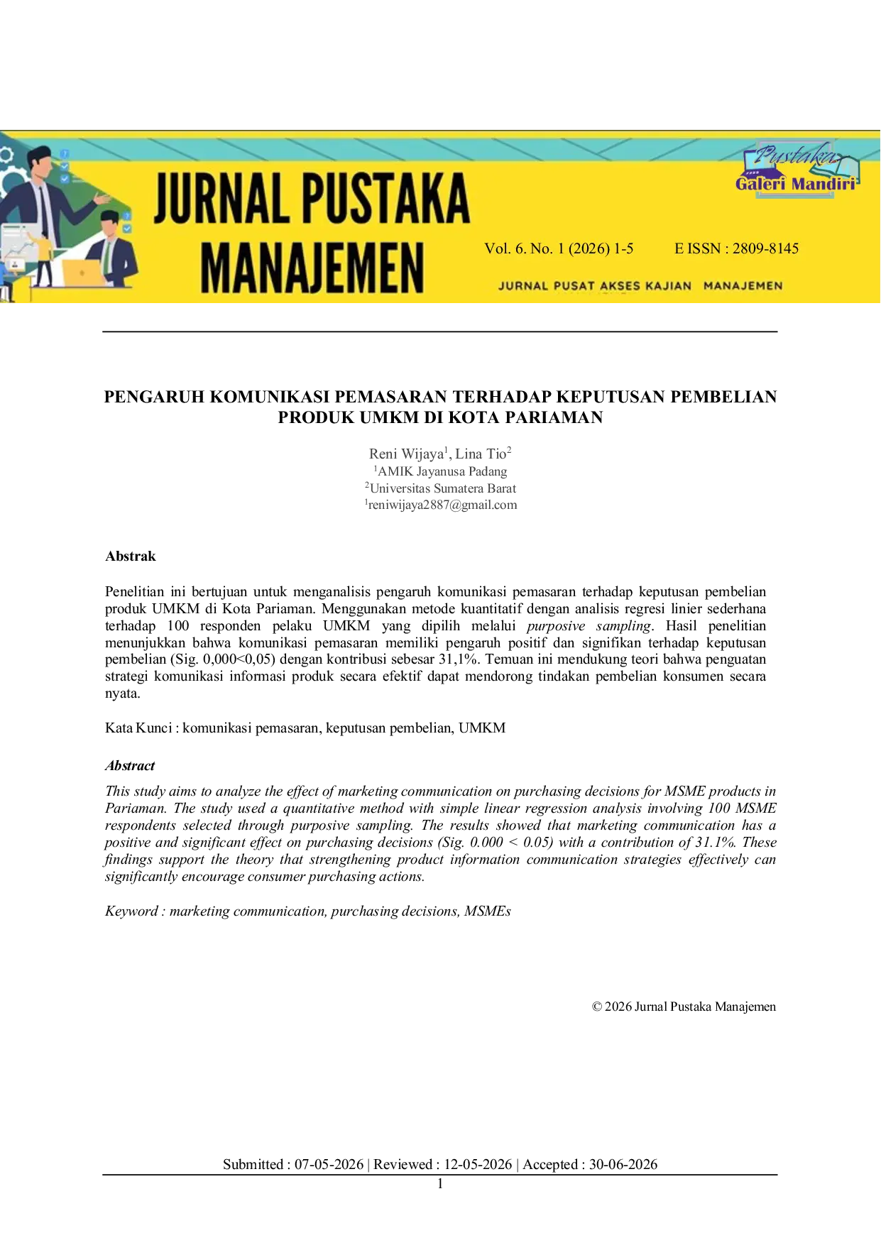 JURIS Pengaruh Komunikasi Pemasaran Terhadap Keputusan Pembelian Produk UMKM di Kota Pariaman