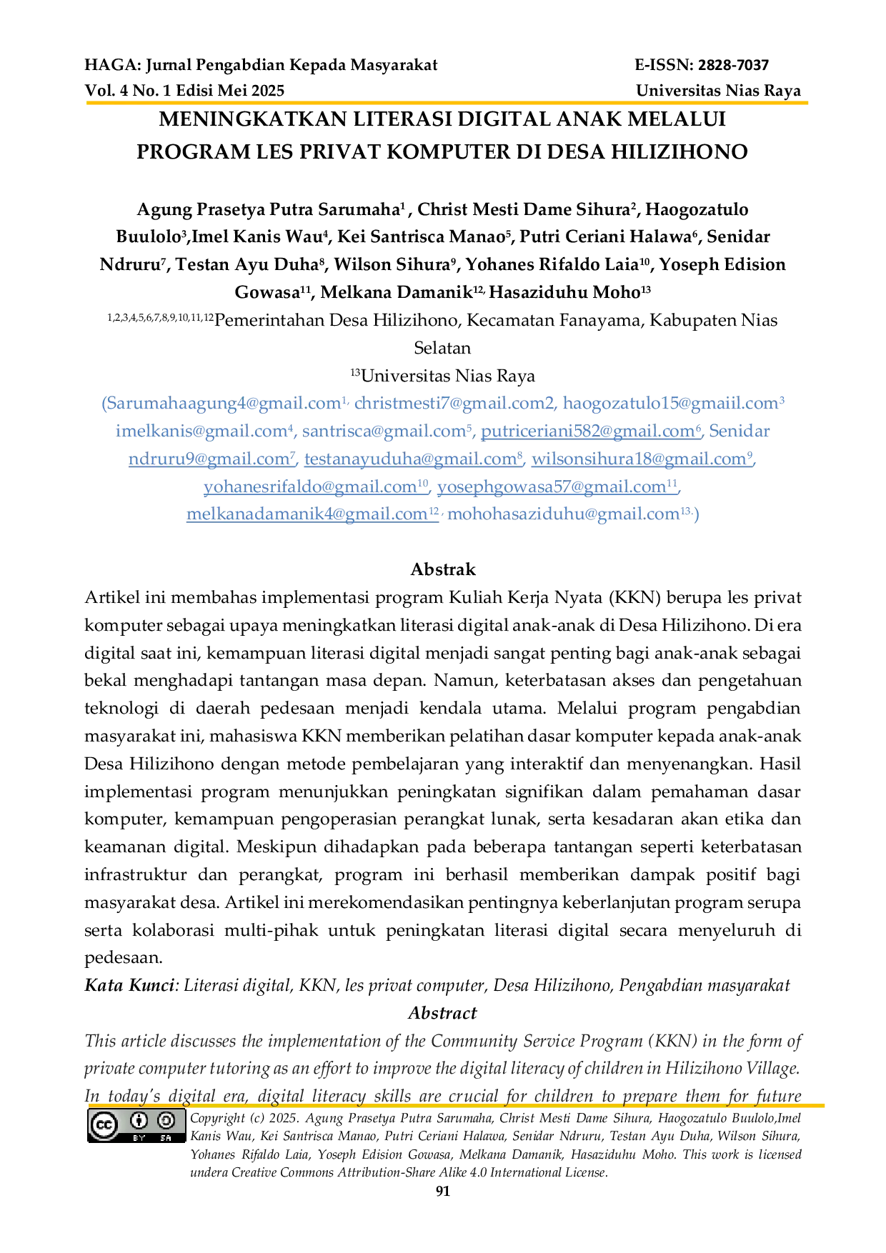 JURIS Meningkatkan Literasi Digital Anak Melalui Program Les Privat Komputer di Desa Hilizihono