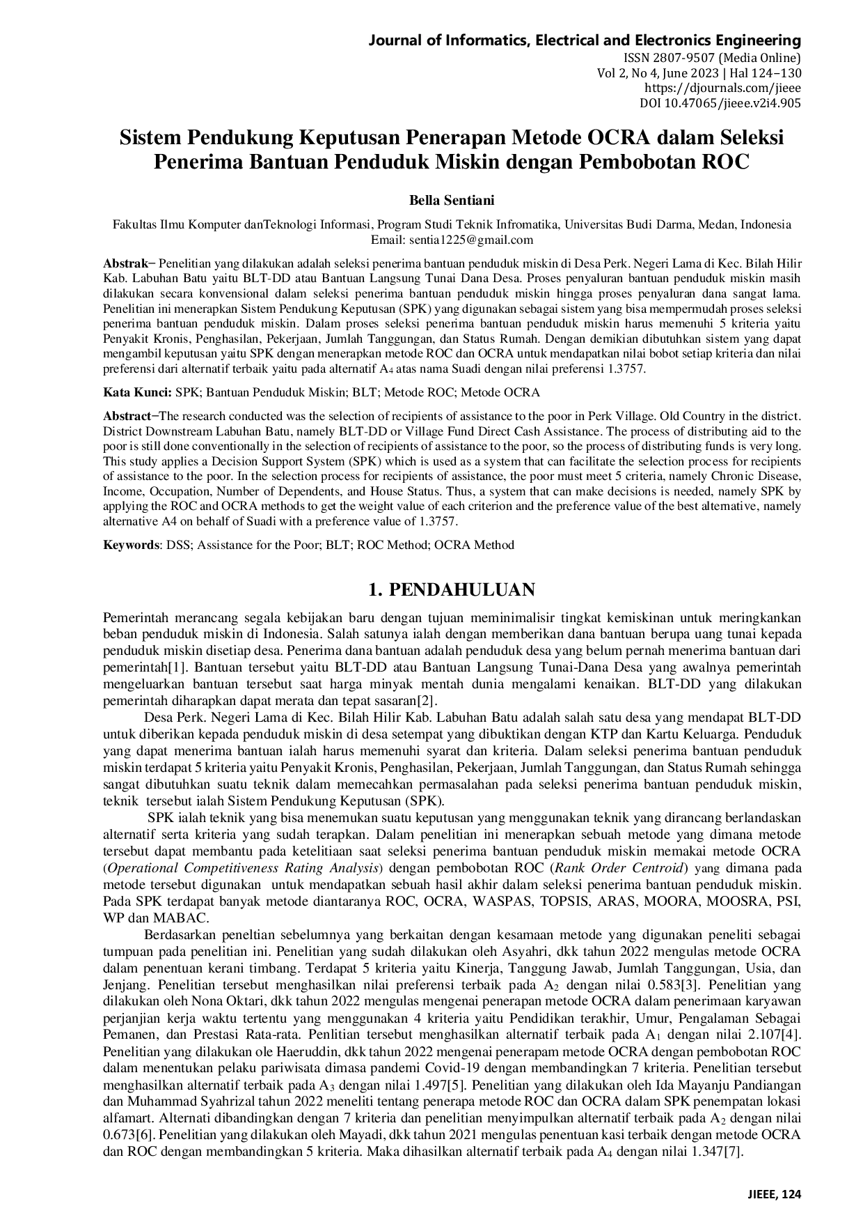 JURIS Sistem Pendukung Keputusan Penerapan Metode OCRA Dalam Seleksi Penerima Bantuan Penduduk Miskin Dengan Pembobotan ROC