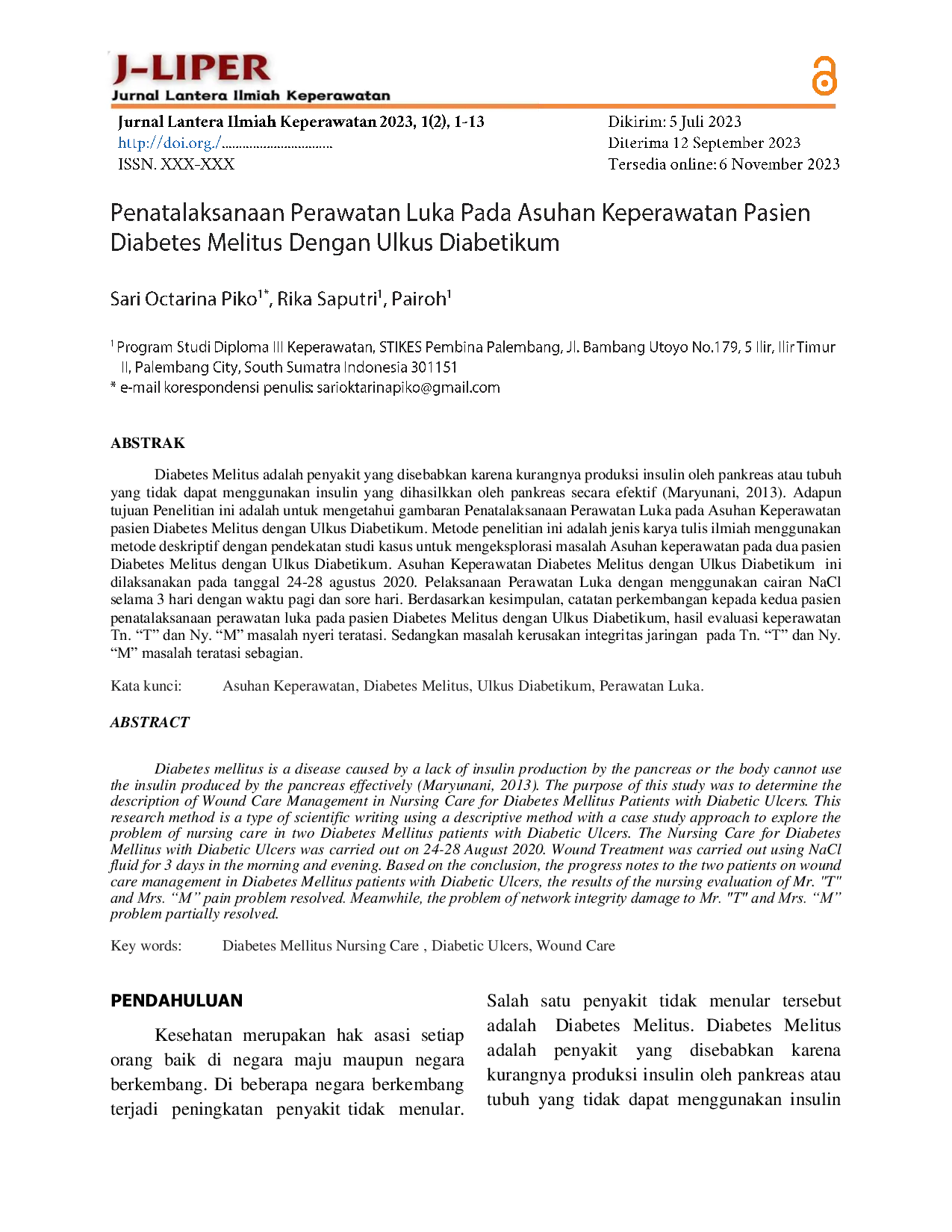 JURIS Penatalaksanaan Perawatan Luka Pada Asuhan Keperawatan Pasien Diabetes Melitus Dengan Ulkus Diabetikum