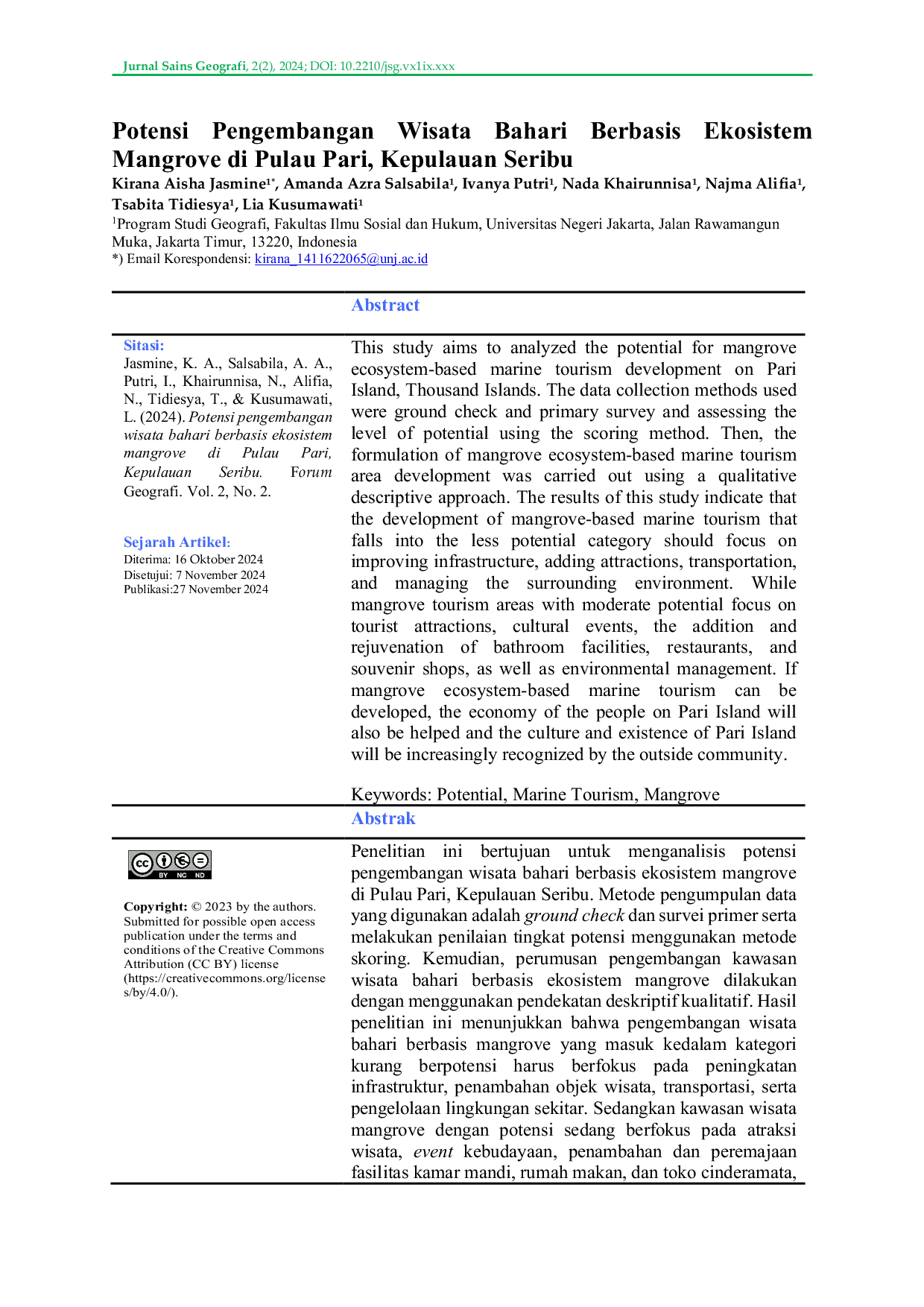 JURIS Potensi Pengembangan Wisata Bahari Berbasis Ekosistem Mangrove di Pulau Pari Kepulauan Seribu