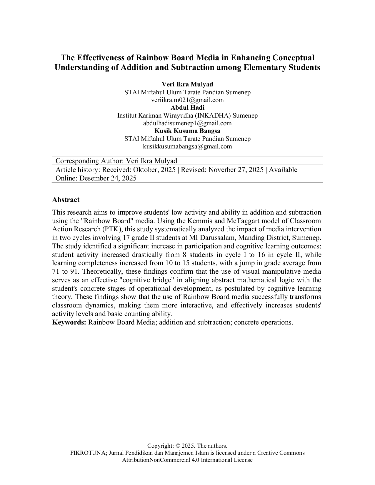 JURIS The Effectiveness of Rainbow Board Media in Enhancing Conceptual Understanding of Addition and Subtraction among Elementary Students
