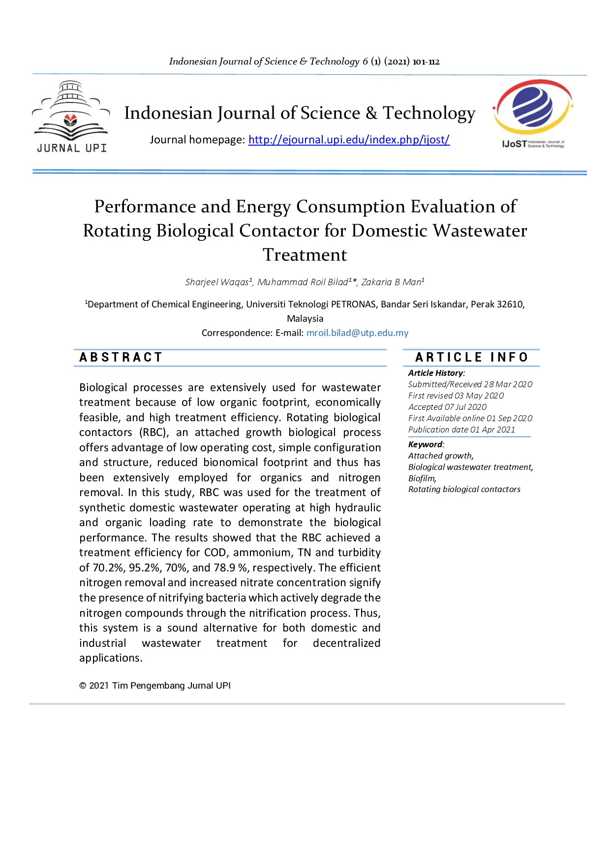 juris Performance and Energy Consumption Evaluation of Rotating Biological Contactor for Domestic Wastewater Treatment