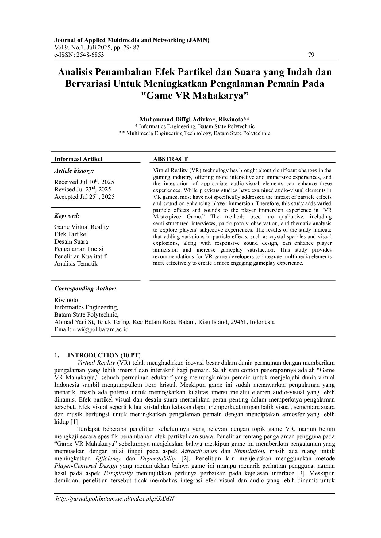 JURIS An Analysis of the Addition of Beautiful and Varied Particle and Sound Effects to Enhance Player Experience in the Game VR Mahakarya