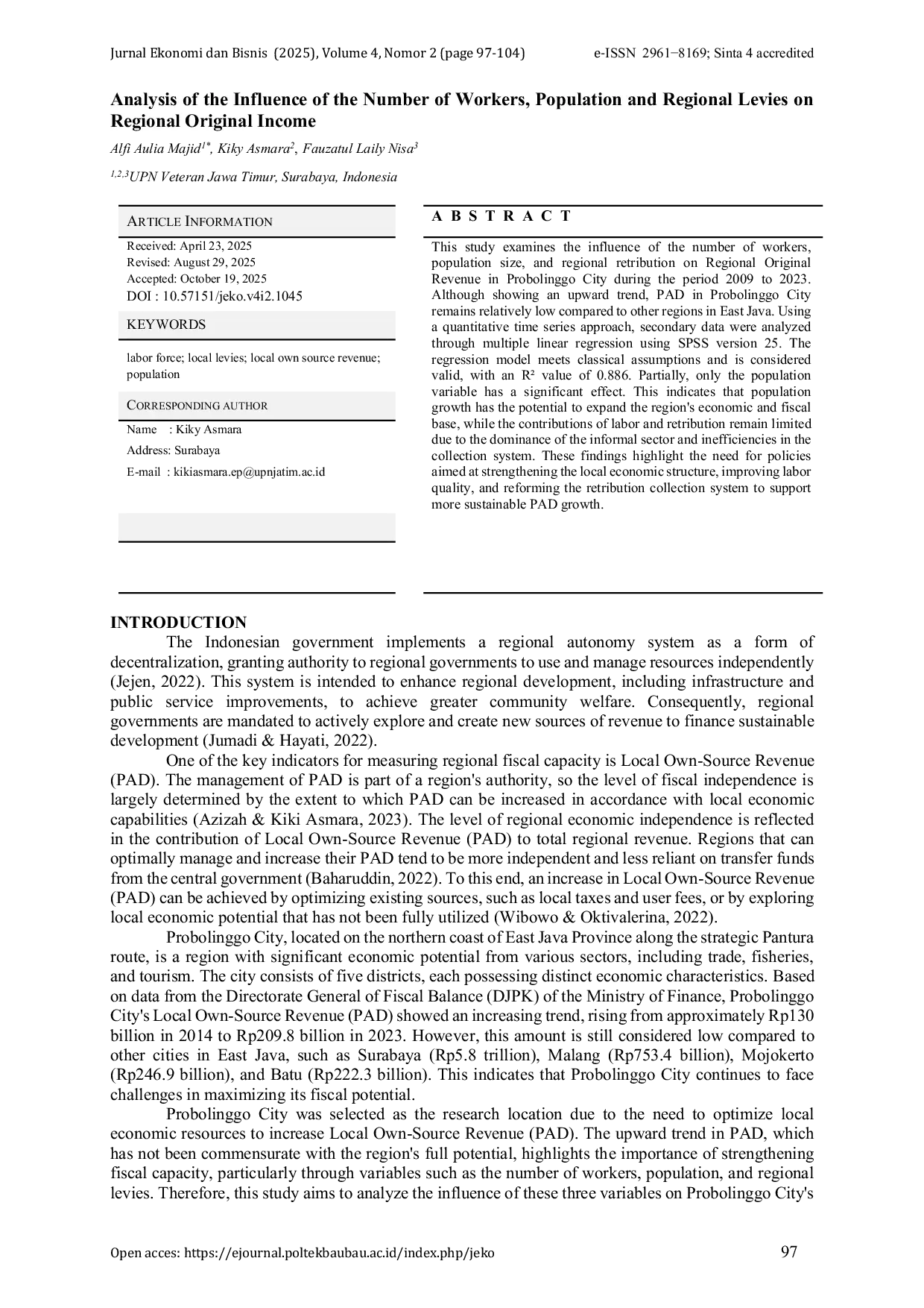 JURIS Analysis of the Influence of the Number of Workers Population and Regional Levies on Regional Original Income