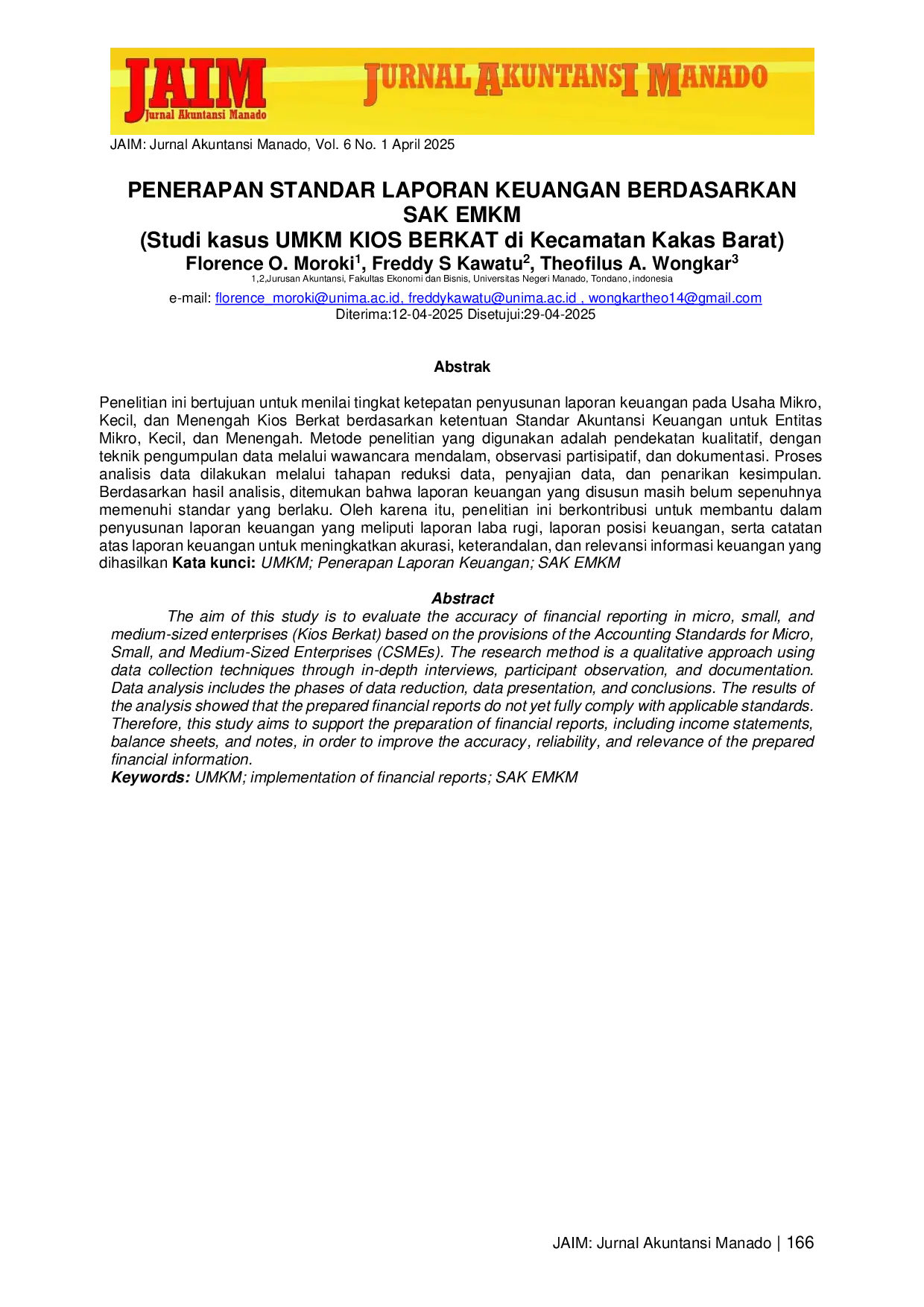 JURIS Penerapan Standar Laporan Keuangan Berdasarkan SAK Indonesia Untuk EMKM Studi Kasus UMKM Kios Berkat Di Kecamatan Kakas Barat