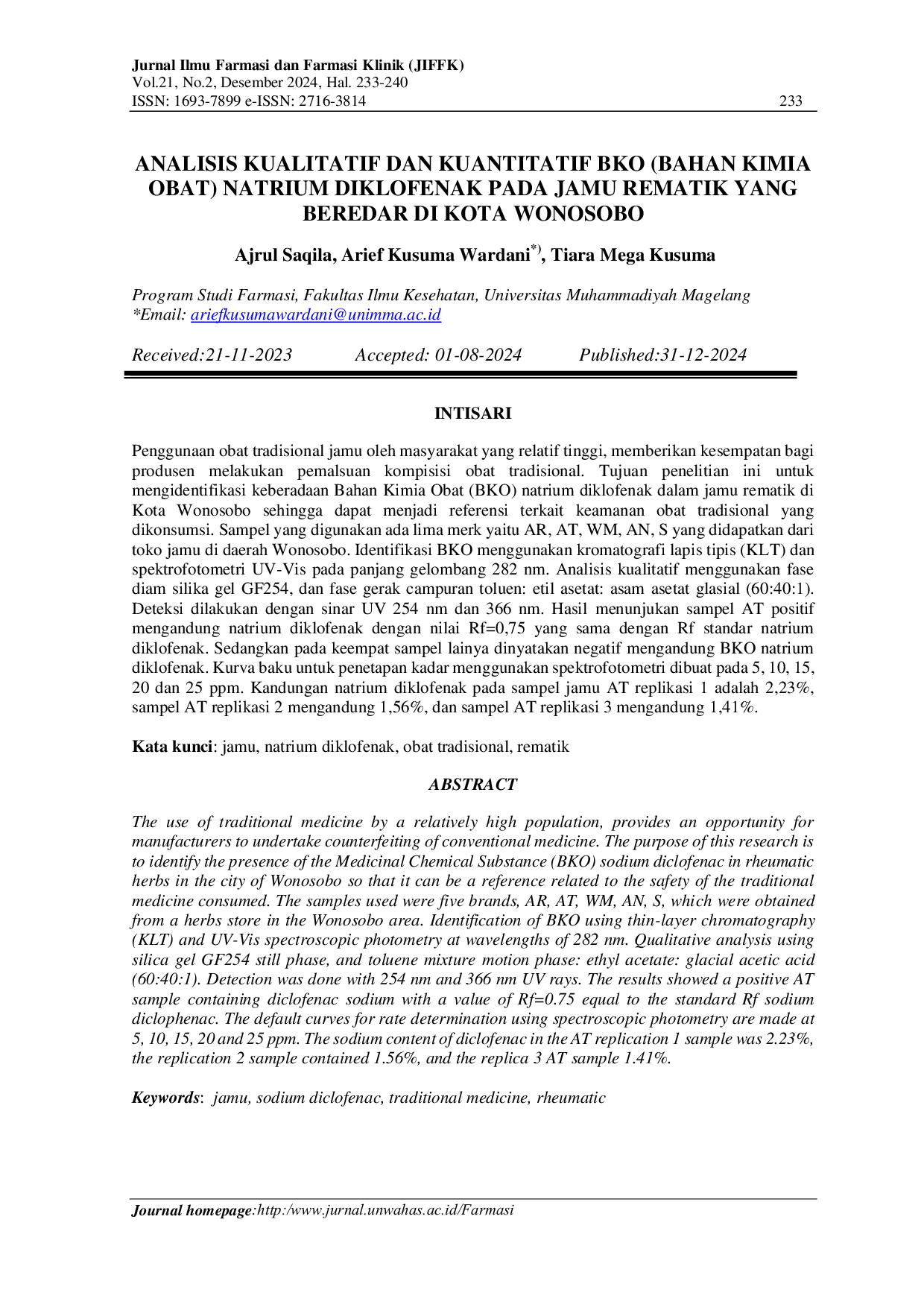 JURIS Qualitative and Quantitative Analysis of Synthetic Drug Content Of Sodium Diclofenac In Rheumatic Herbal Medicine From Wonosobo City