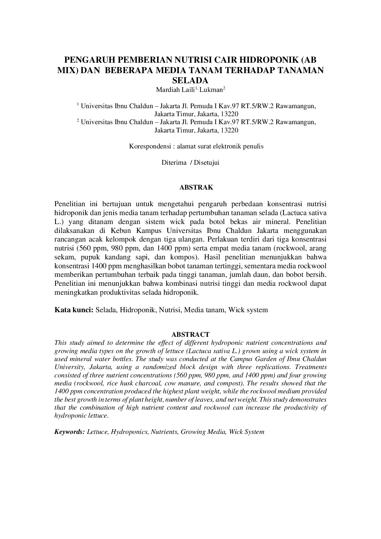 juris Pengaruh Pemberian Nutrisi Cair Hidroponik AB MIX Dan Beberapa Media Tanam Terhadap Tanaman Selada