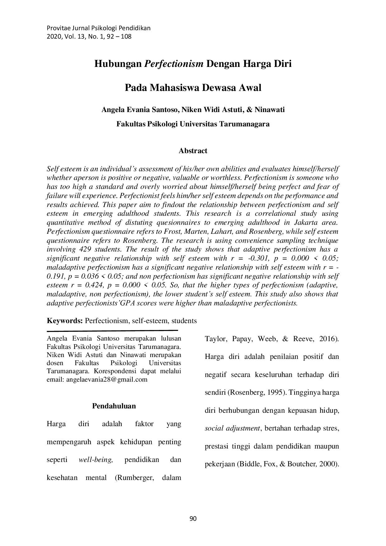 JURIS Hubungan Perfectionism Dengan Harga Diri Pada Mahasiswa Dewasa AwalL