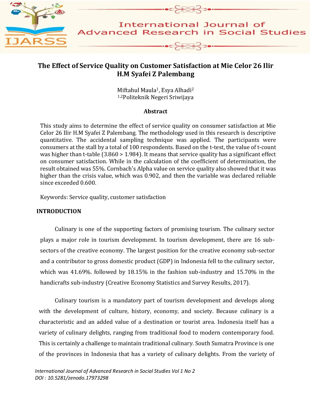 JURIS The Effect of Service Quality on Customer Satisfaction at Mie Celor 26 Ilir H M Syafei Z Palembang