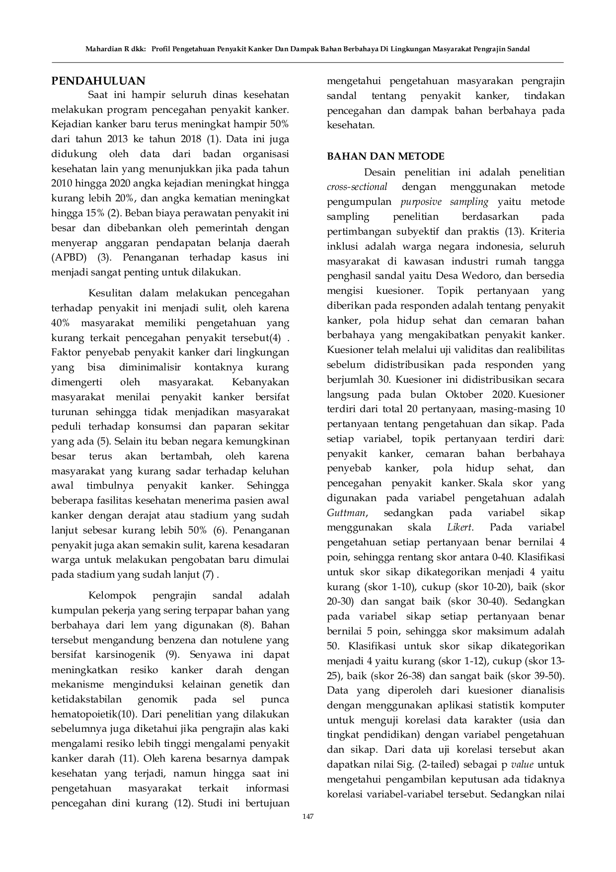 JURIS Profil Pengetahuan Penyakit Kanker Dan Dampak Bahan Berbahaya Di Lingkungan Masyarakat Pengrajin Sandal