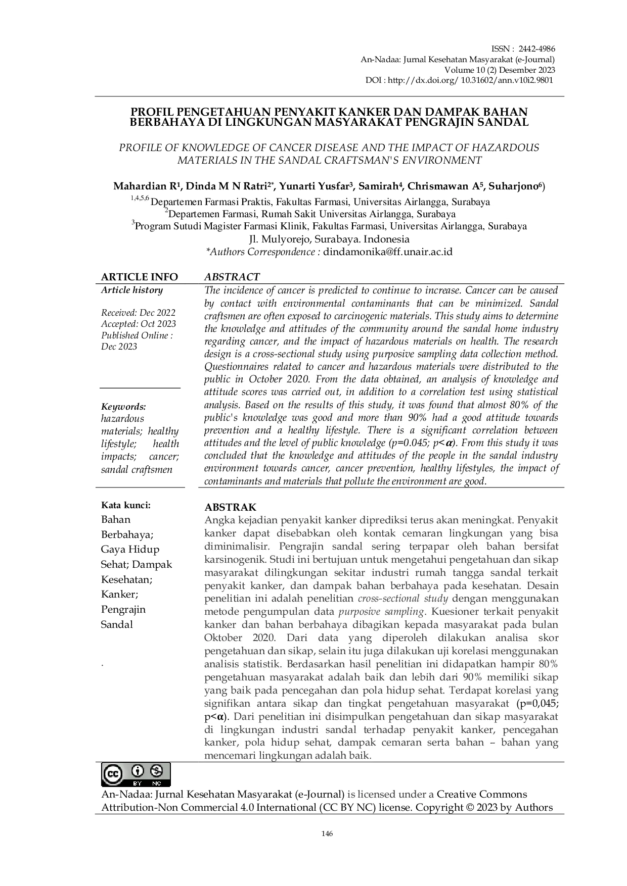 JURIS Profil Pengetahuan Penyakit Kanker Dan Dampak Bahan Berbahaya Di Lingkungan Masyarakat Pengrajin Sandal