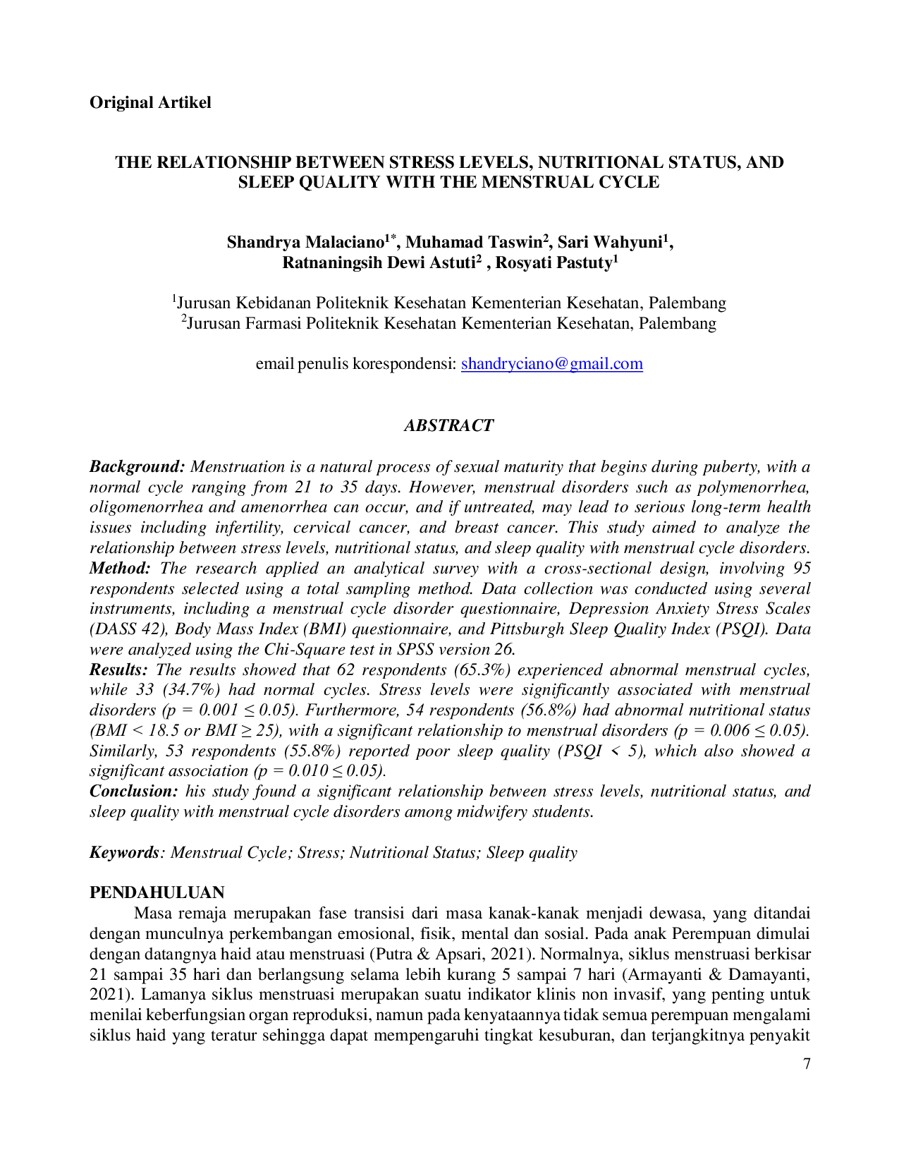 JURIS THE RELATIONSHIP BETWEEN STRESS LEVELS NUTRITIONAL STATUS AND SLEEP QUALITY WITH THE MENSTRUAL CYCLE