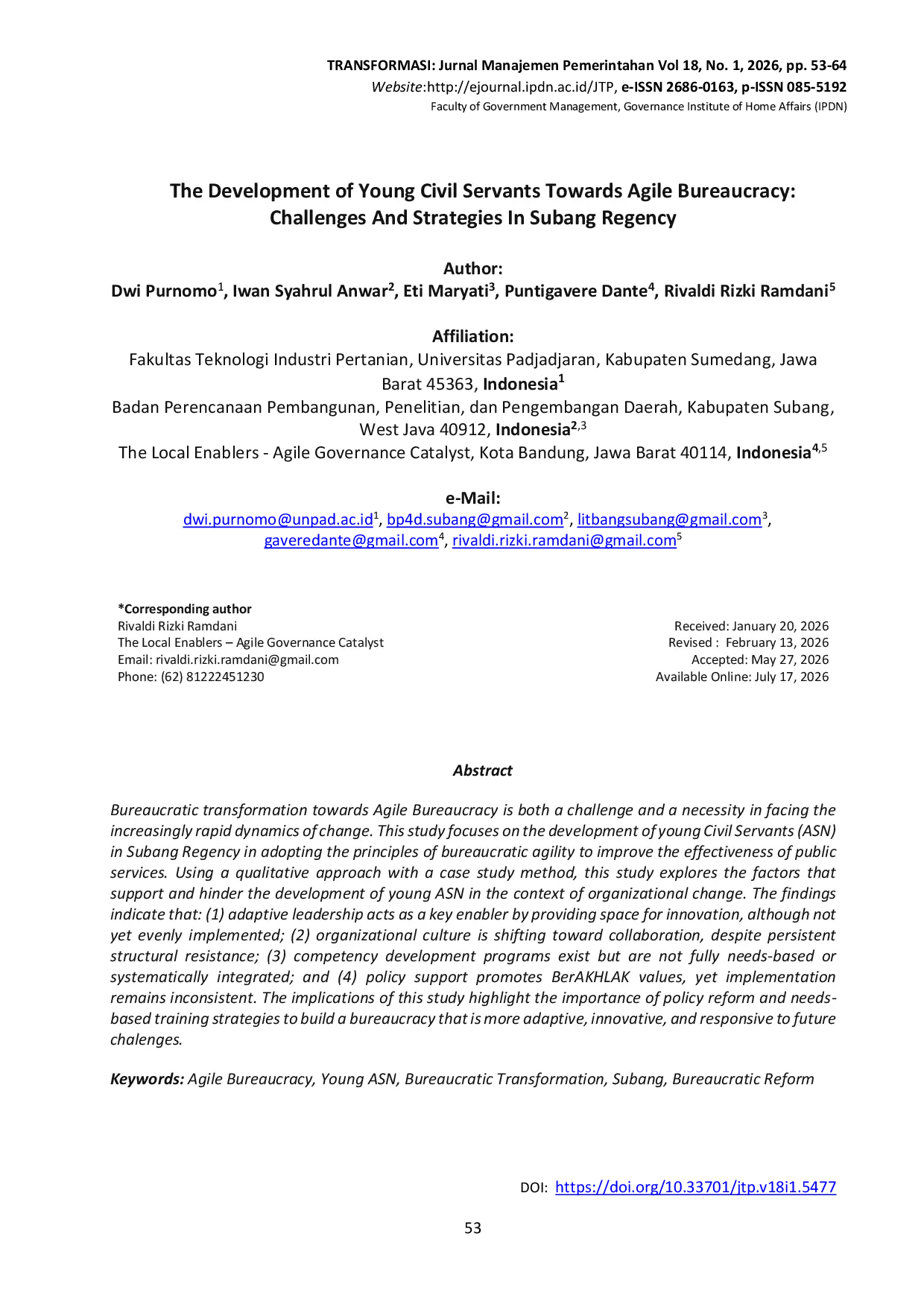 JURIS The Development Of Young Civil Servants Towards Agile Bureaucracy Challenges And Strategies In Subang Regency