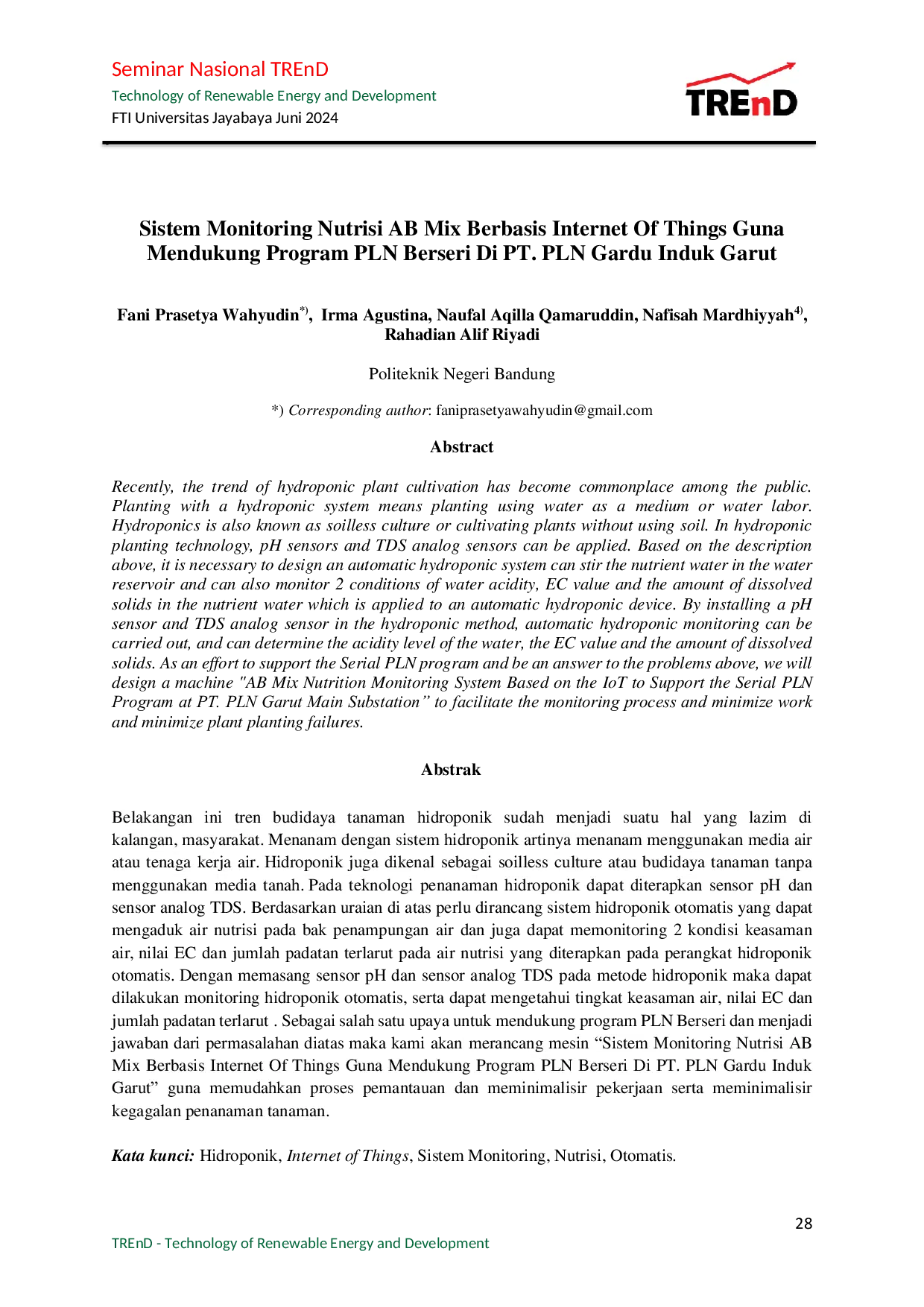 JURIS Sistem Monitoring Nutrisi AB Mix Berbasis Internet Of Things Guna Mendukung Program PLN Berseri Di PT PLN Gardu Induk Garut