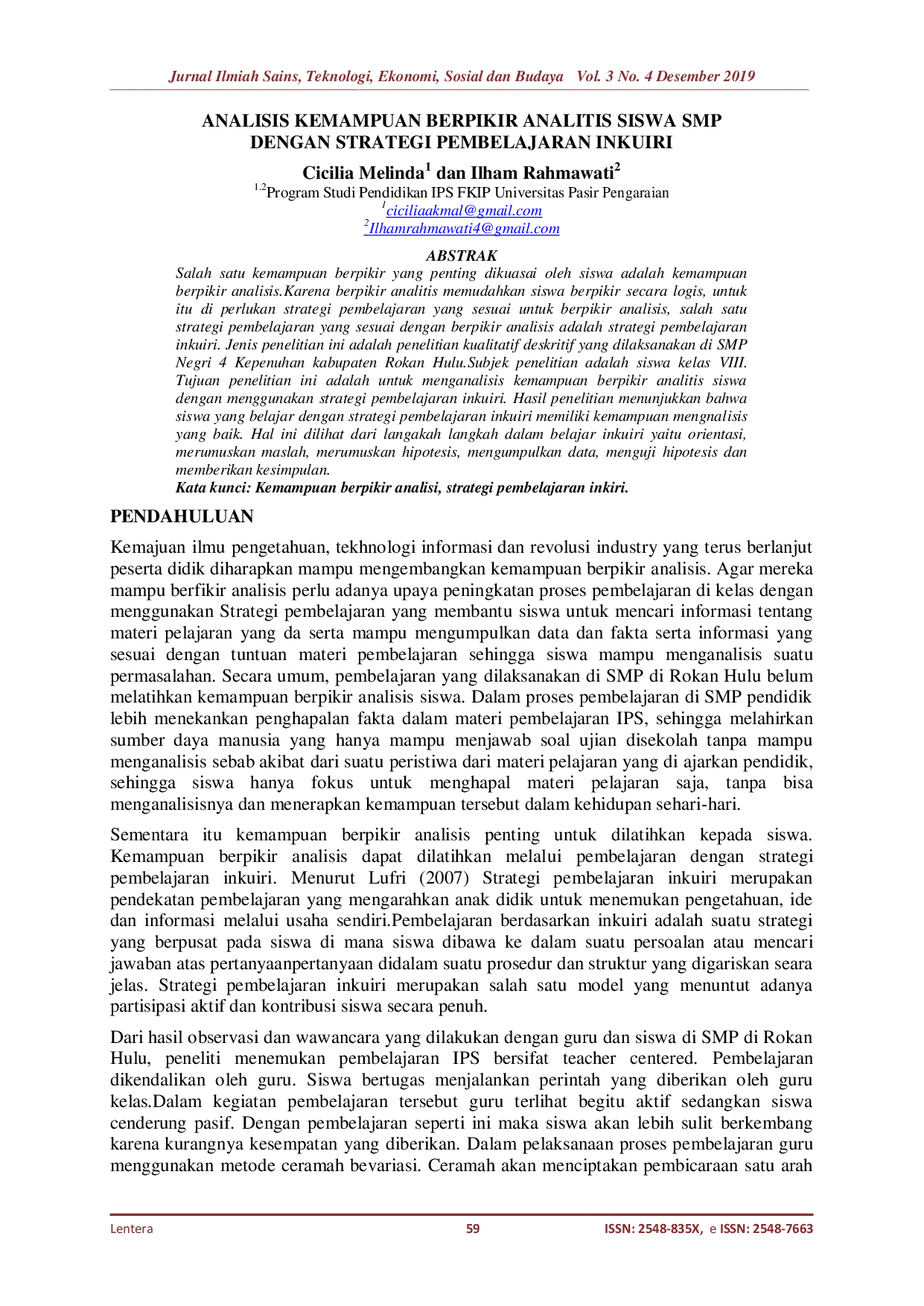 JURIS Analisis Kemampuan Berpikir Analitis Siswa SMP Dengan Strategi Pembelajaran Inkuiri