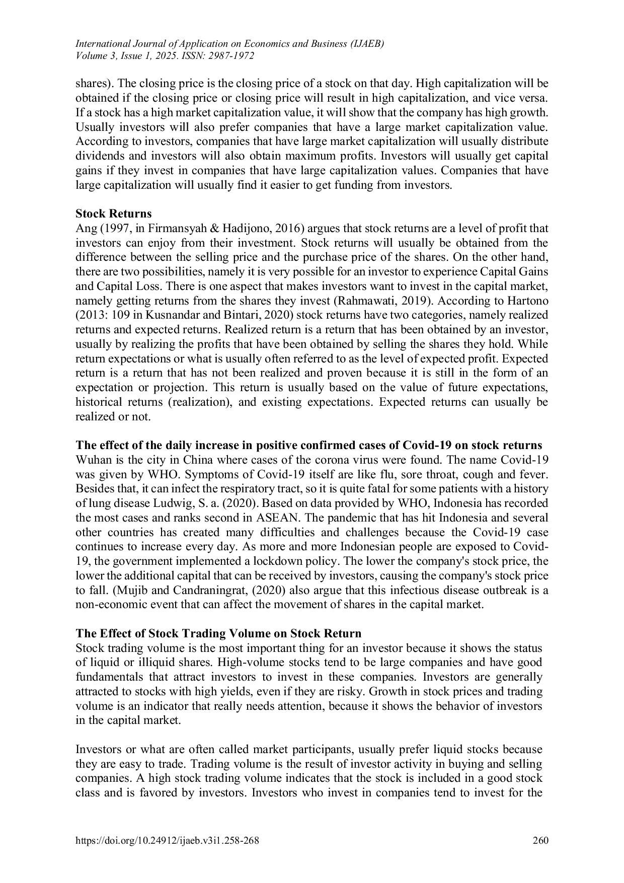JURIS Pandemic Covid 19 Stock Trade Volume And Market Capitalization On Share Return