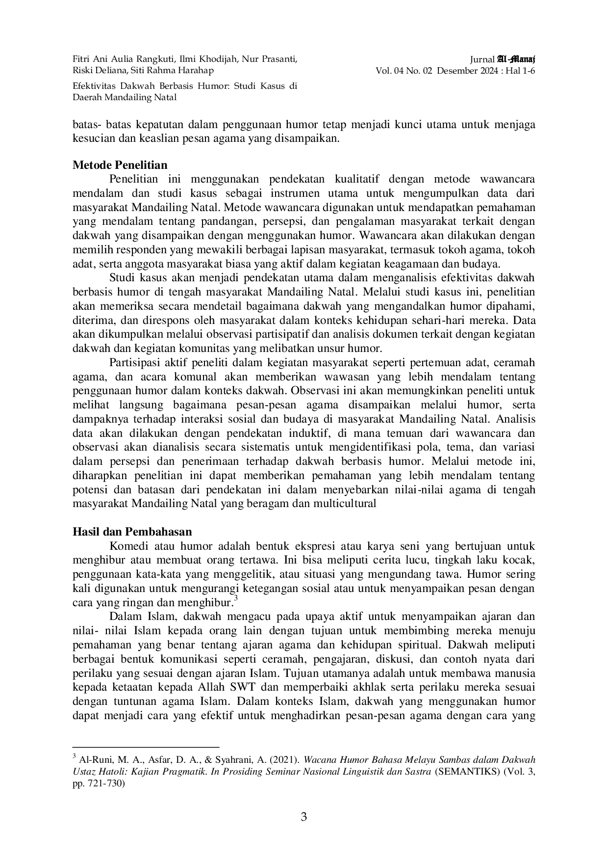 JURIS Efektivitas Dakwah Berbasis Humor Studi Kasus Di Daerah Mandailing Natal
