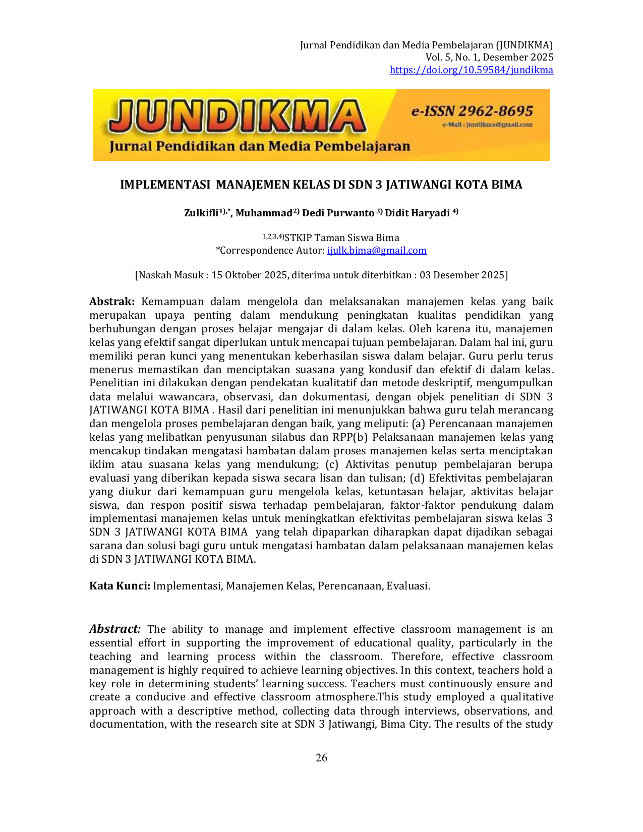 JURIS Implementasi Manajemen Kelas di SDN 3 Jatiwangi Kota Bima