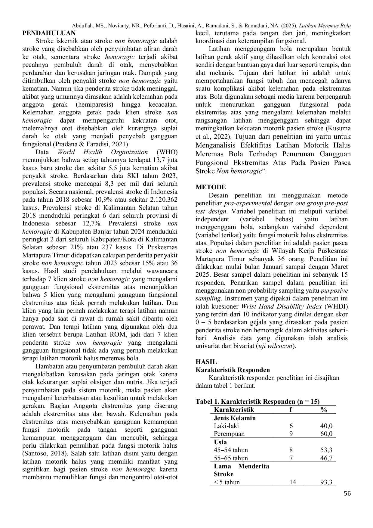 JURIS Latihan Meremas Bola Efektif Dalam Mengatasi Gangguan Fungsional Ekstremitas Pada Pasien Pasca Stroke Non Hemoragic