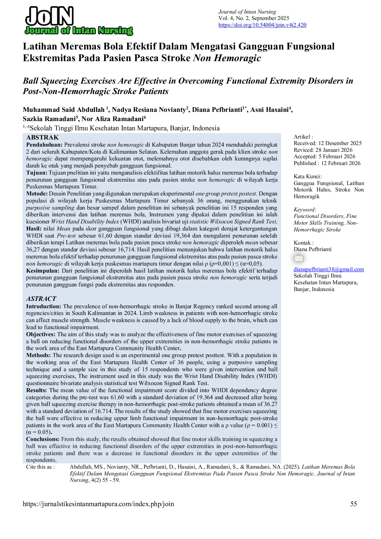 JURIS Latihan Meremas Bola Efektif Dalam Mengatasi Gangguan Fungsional Ekstremitas Pada Pasien Pasca Stroke Non Hemoragic
