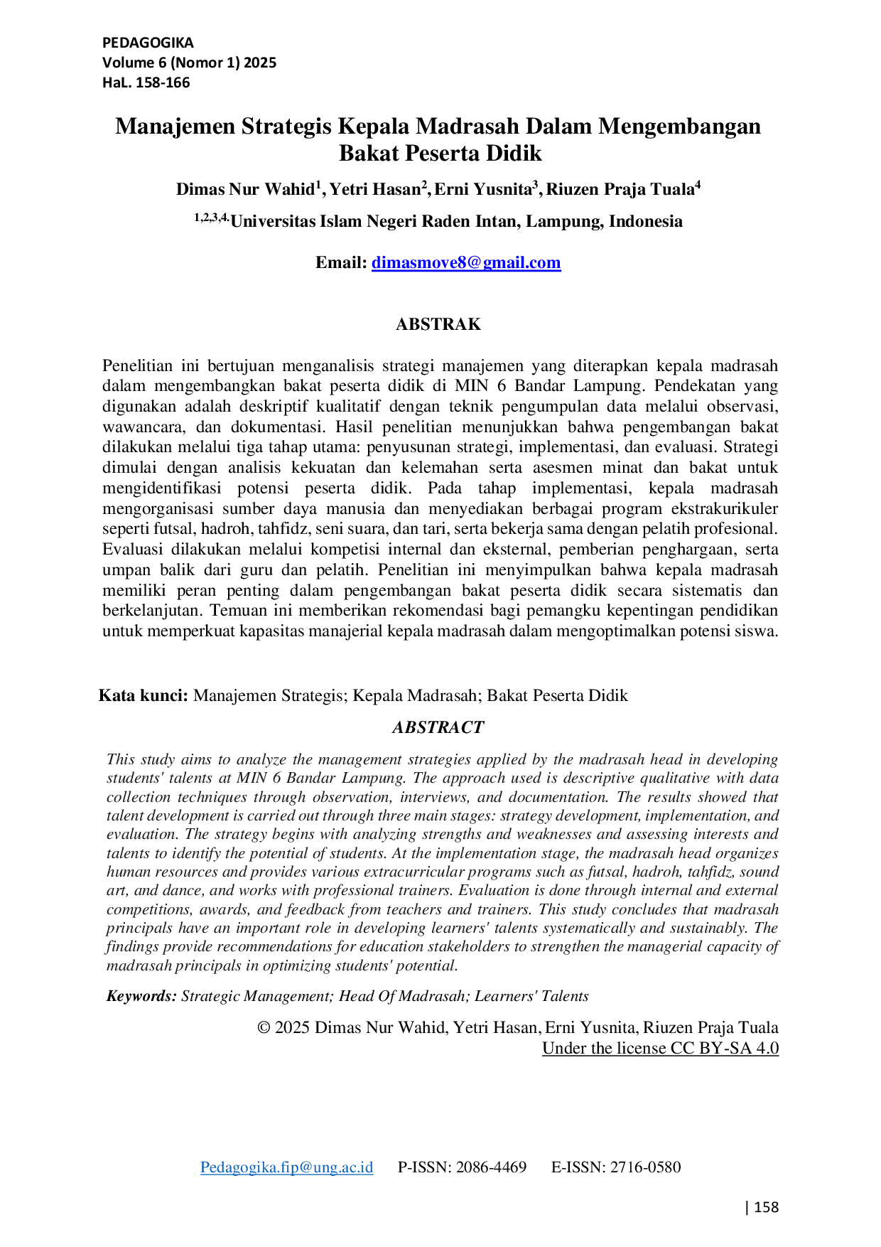 JURIS Manajemen Strategis Kepala Madrasah Dalam Mengembangan Bakat Peserta Didik
