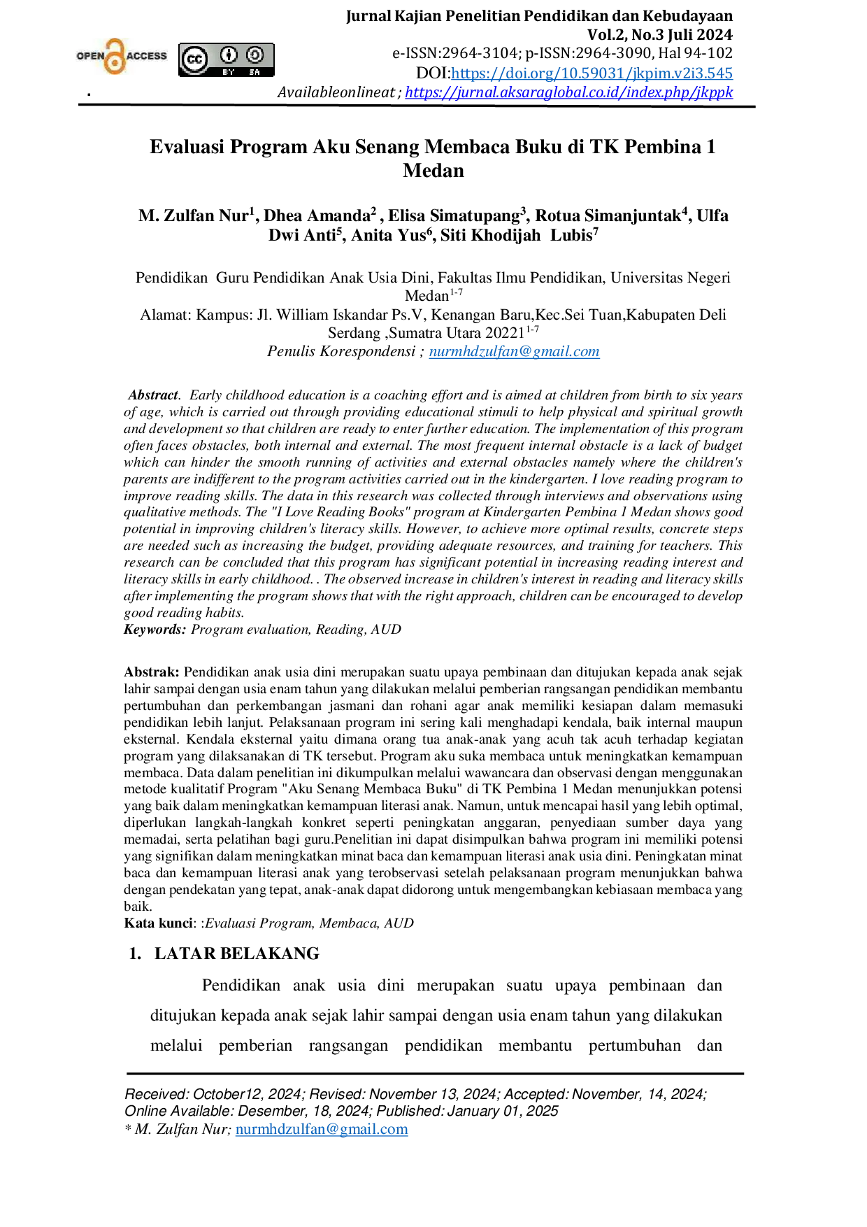 JURIS Evaluasi Program Aku Senang Membaca Buku di TK Pembina 1 Medan