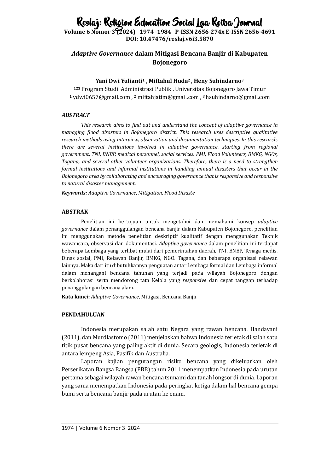 JURIS Adaptive Governance dalam Mitigasi Bencana Banjir di Kabupaten Bojonegoro