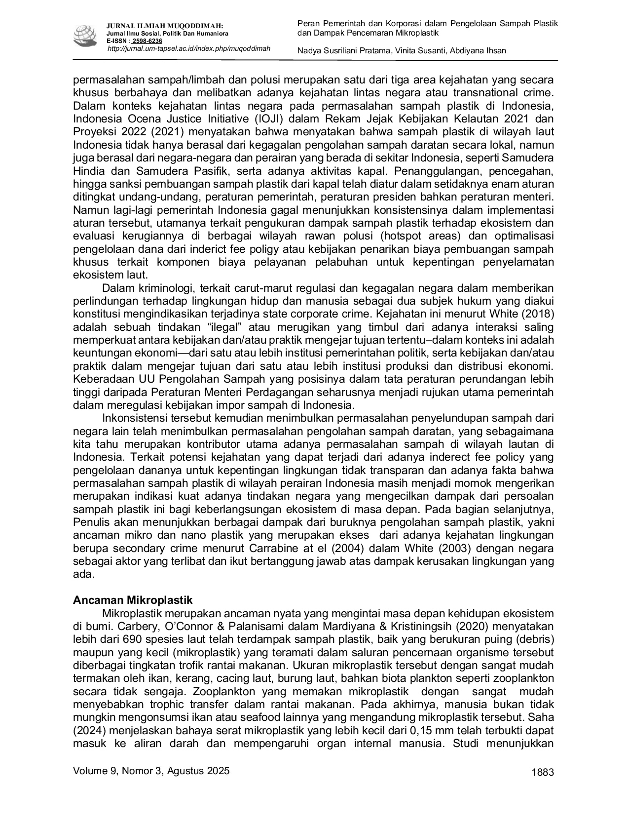 JURIS Peran Pemerintah dan Korporasi dalam Pengelolaan Sampah Plastik dan Dampak Pencemaran Mikroplastik