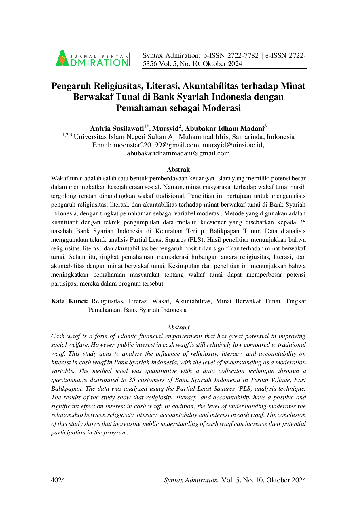 JURIS Pengaruh Religiusitas Literasi dan Akuntabilitas terhadap Minat Berwakaf Tunai di Bank Syariah Indonesia dengan Tingkat Pemahaman sebagai Variabel Moderasi