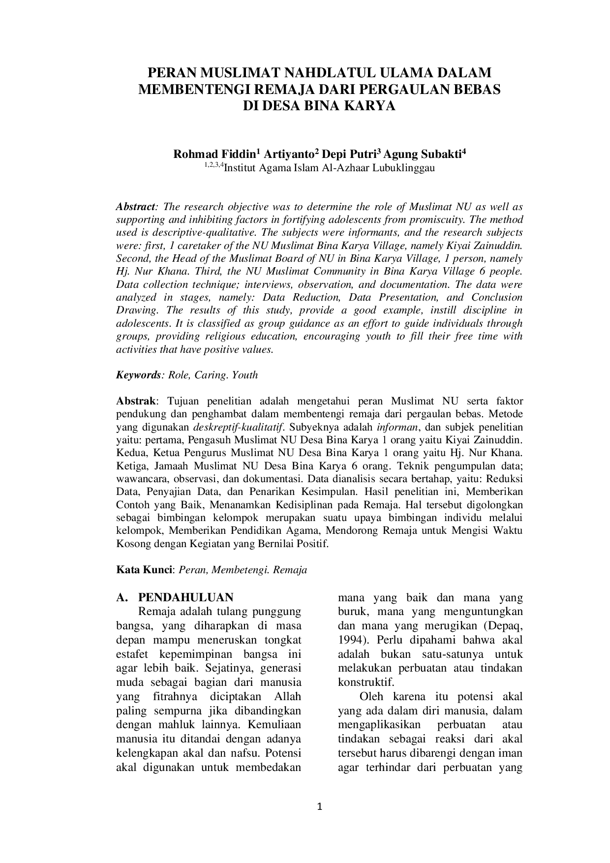 JURIS Peran Muslimat Nahdlatul Ulama Dalam Membentengi Remaja Dari Pergaulan Bebas Di Desa Bina Karya