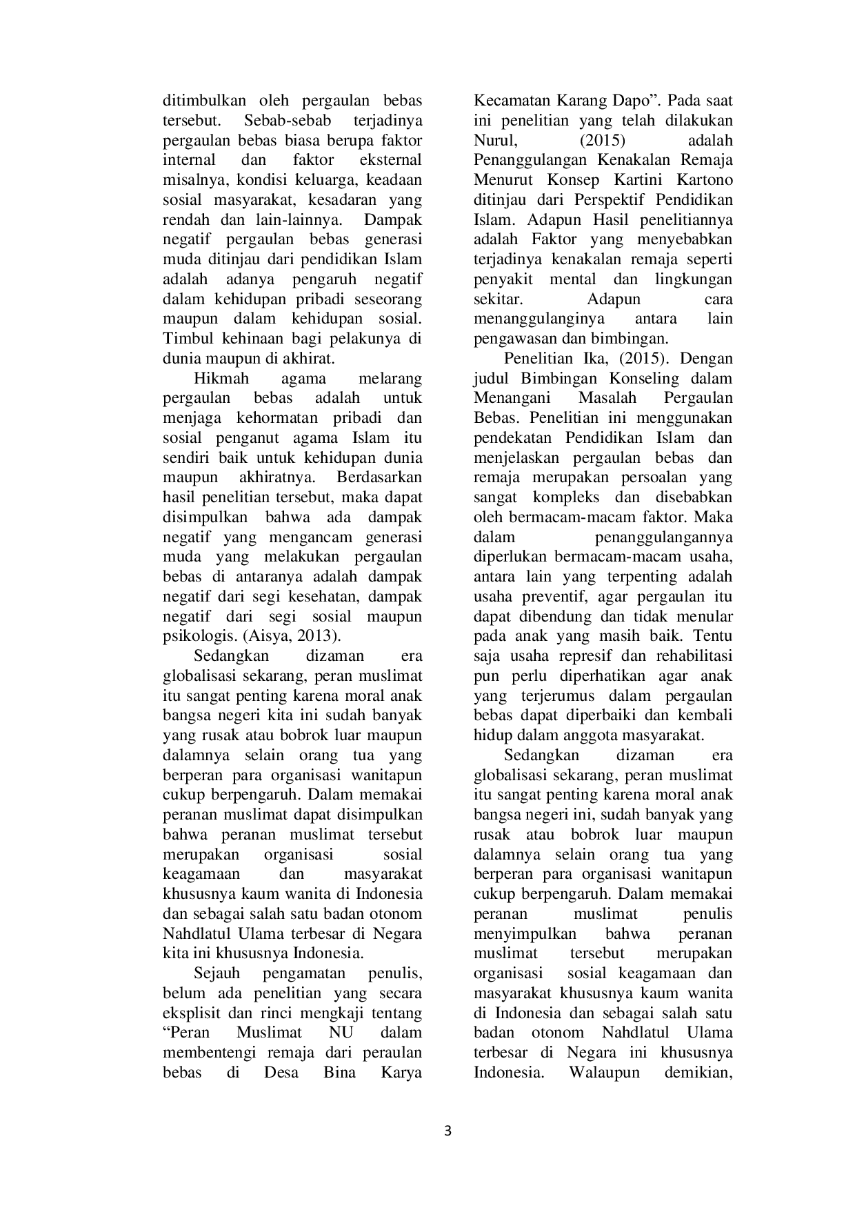 JURIS Peran Muslimat Nahdlatul Ulama Dalam Membentengi Remaja Dari Pergaulan Bebas Di Desa Bina Karya