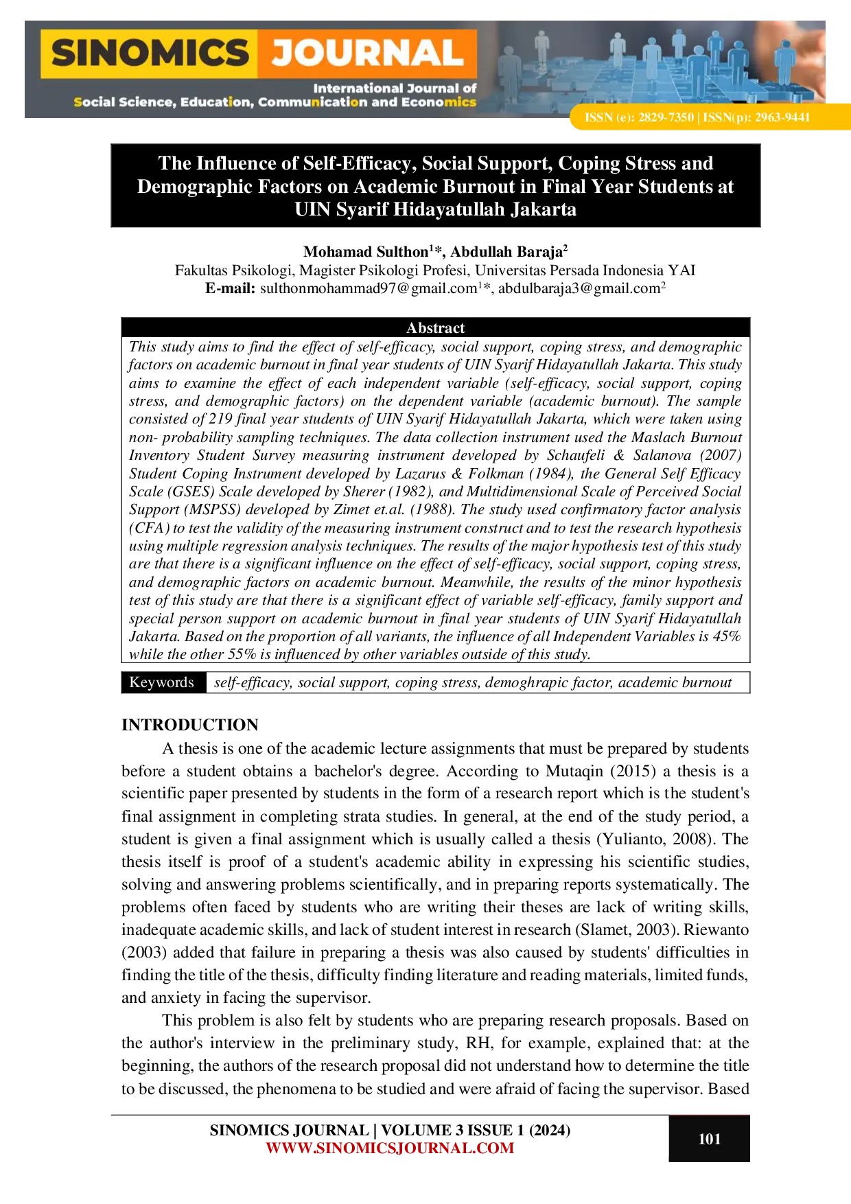 JURIS The Influence of Self Efficacy Social Support Coping Stress and Demographic Factors on Academic Burnout in Final Year Students at UIN Syarif Hidayatullah Jakarta