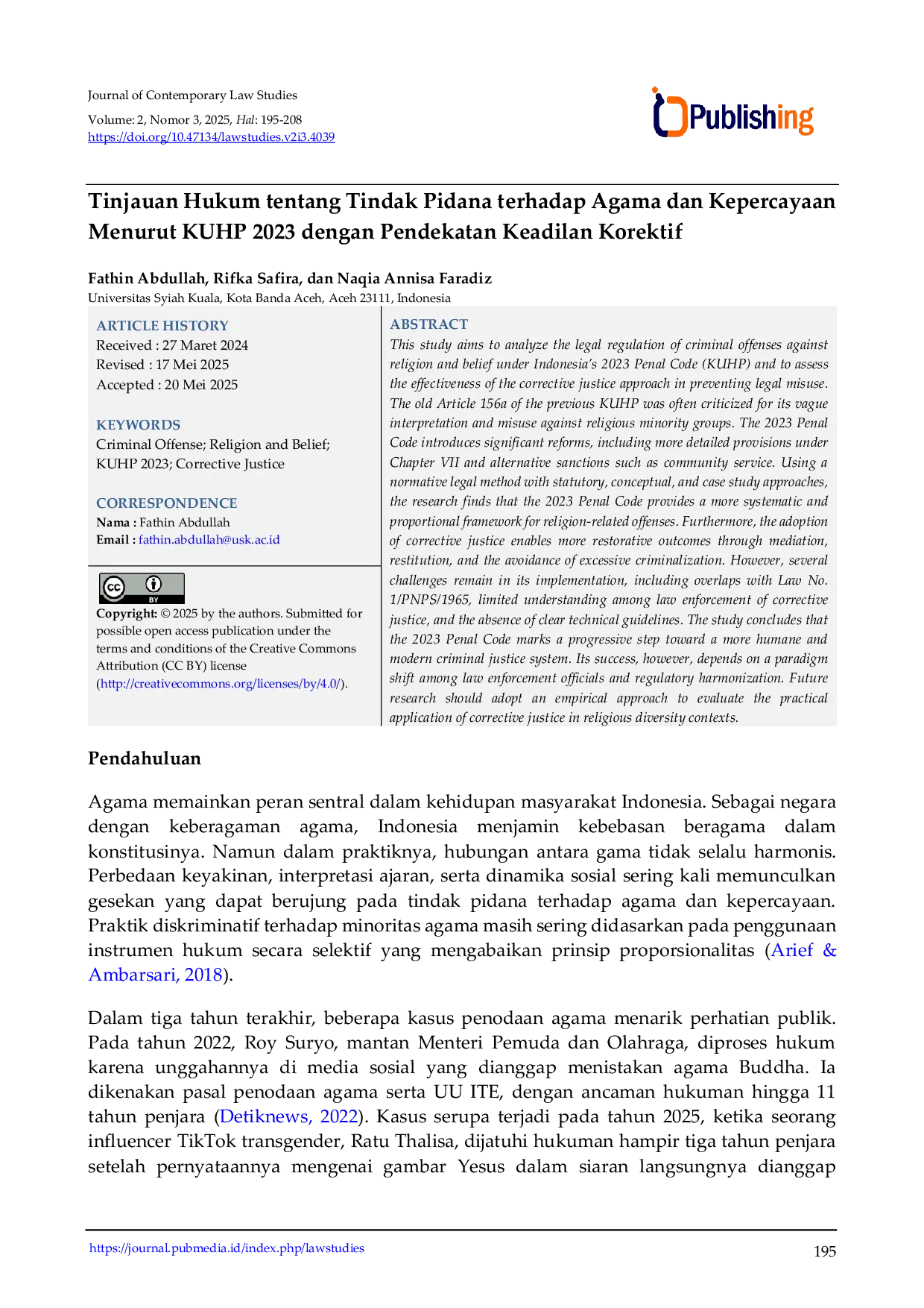 JURIS Tinjauan Hukum tentang Tindak Pidana terhadap Agama dan Kepercayaan Menurut KUHP 2023 dengan Pendekatan Keadilan Korektif