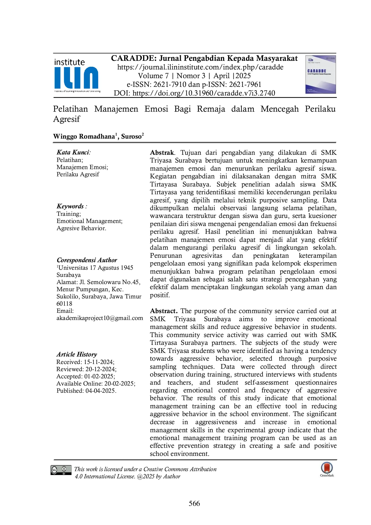 JURIS Pelatihan Manajemen Emosi Bagi Remaja dalam Mencegah Perilaku Agresif