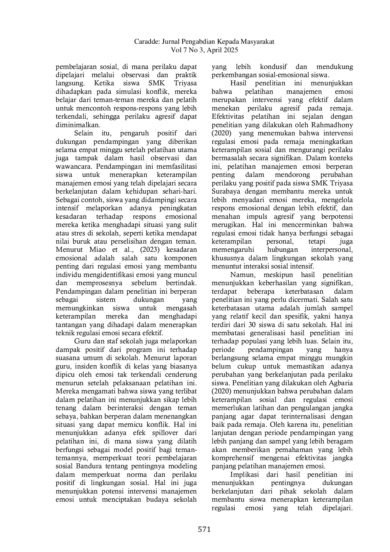 JURIS Pelatihan Manajemen Emosi Bagi Remaja dalam Mencegah Perilaku Agresif