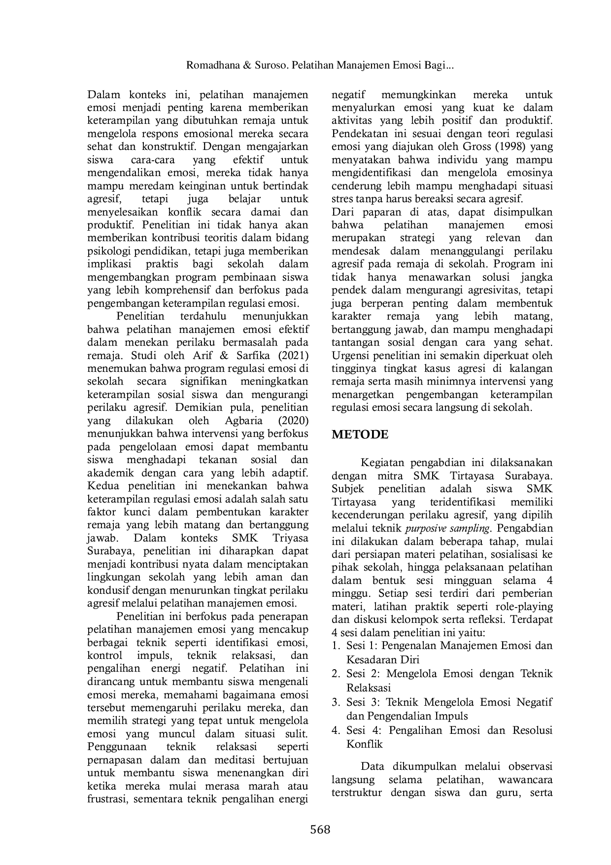 JURIS Pelatihan Manajemen Emosi Bagi Remaja dalam Mencegah Perilaku Agresif