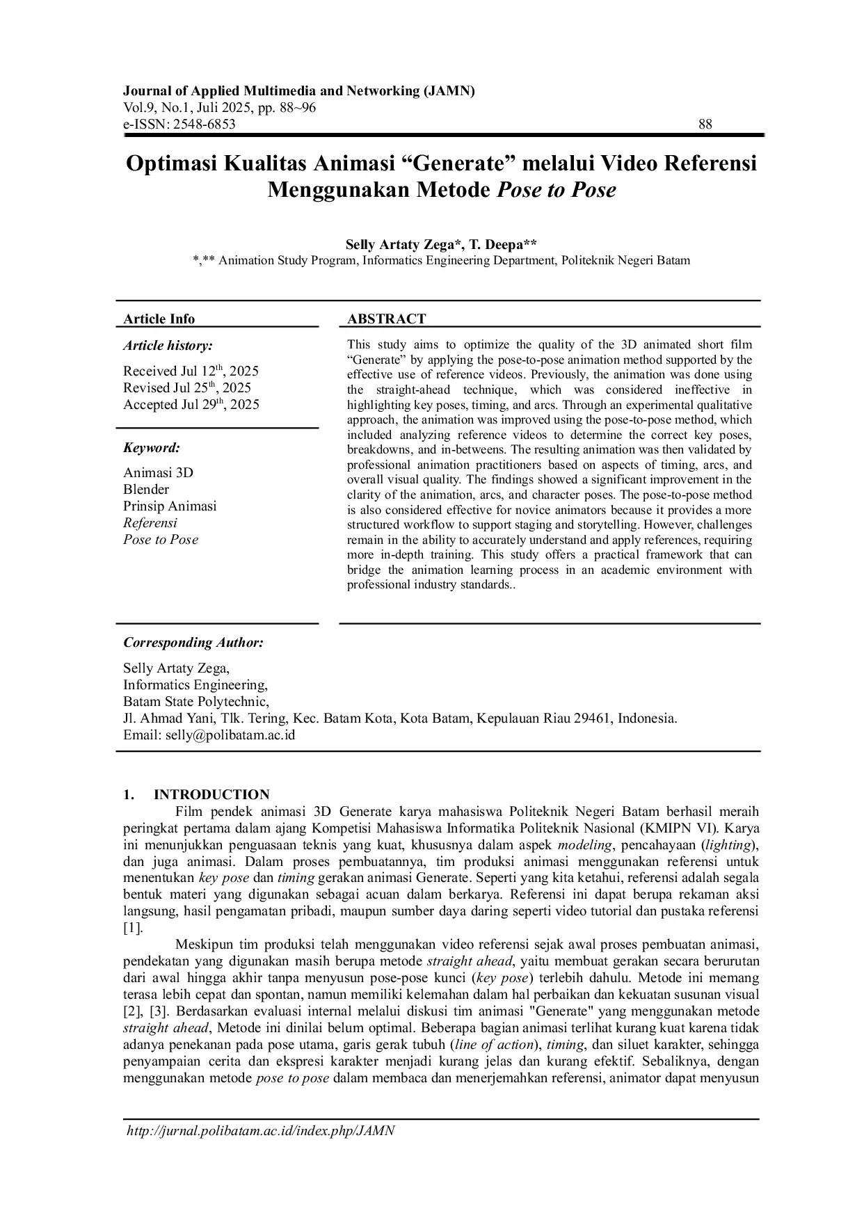 JURIS Optimasi Kualitas Animasi Generate melalui Video Referensi Menggunakan Metode Pose to Pose