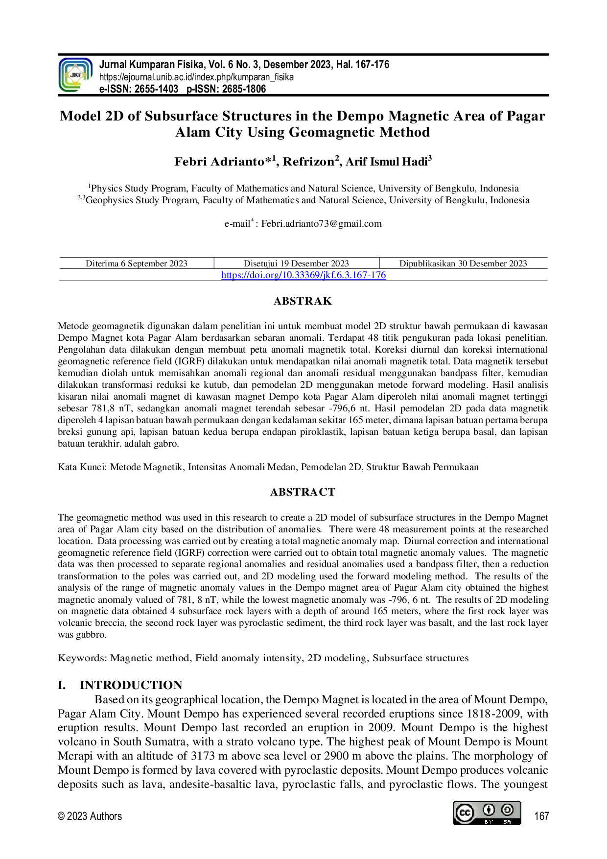 JURIS Model 2D of Subsurface Structures in the Dempo Magnetic Area of Pagar Alam City Using Geomagnetic Method