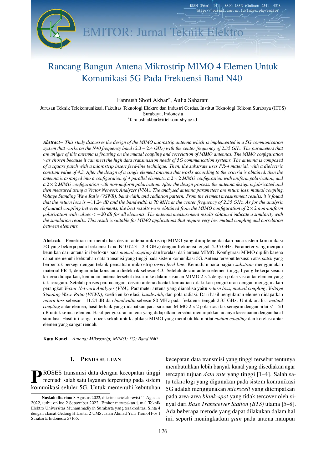 JURIS Rancang Bangun Antena Mikrostrip MIMO 4 Elemen Untuk Komunikasi 5G Pada Frekuensi Band N40