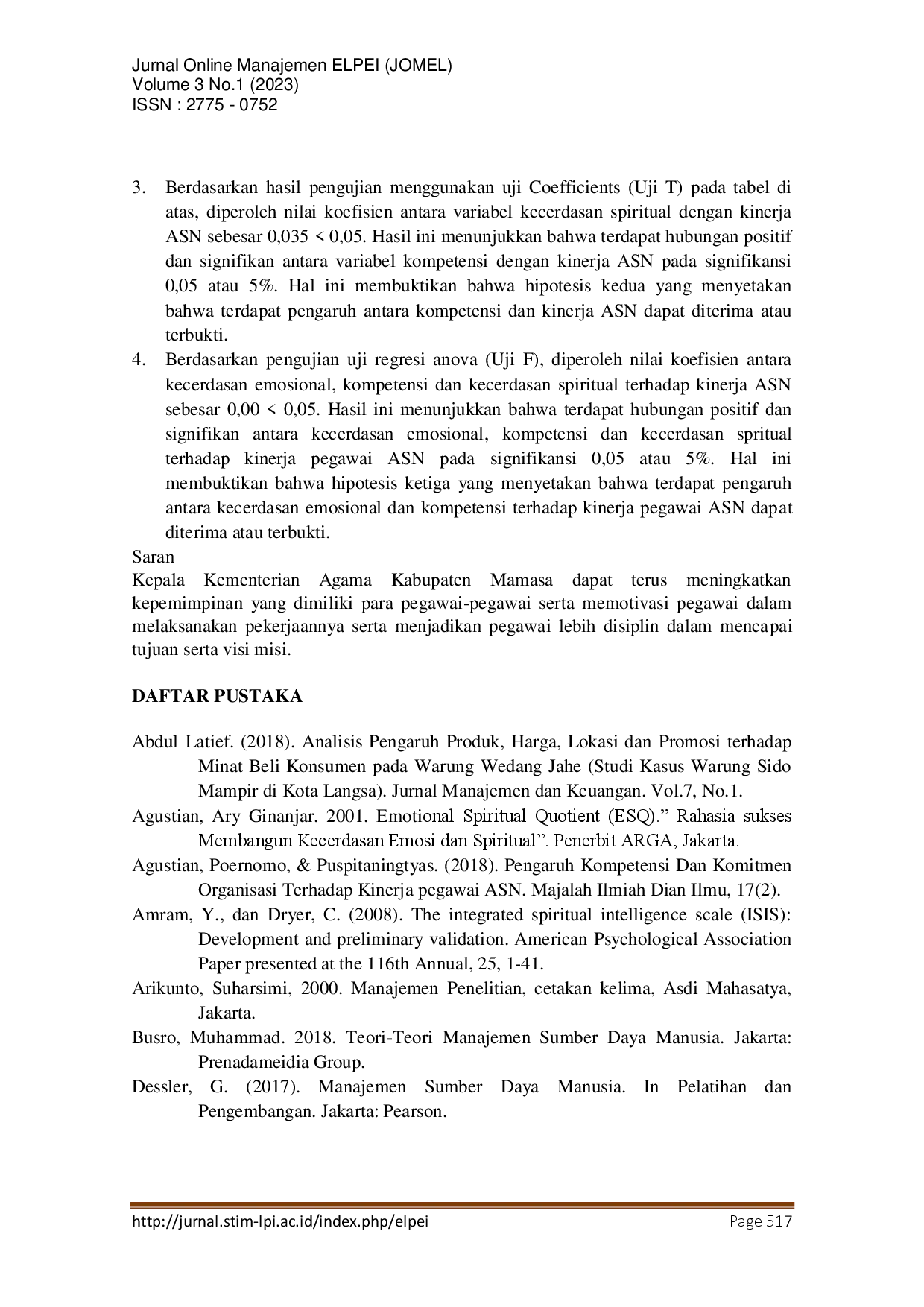 juris Pengaruh Kecerdasan Emosional Kompetensi Dan Kecerdasan Spiritual Terhadap Kinerja Aparatur Sipil Negara Kantor Kementerian Agama Kabupaten Mamasa