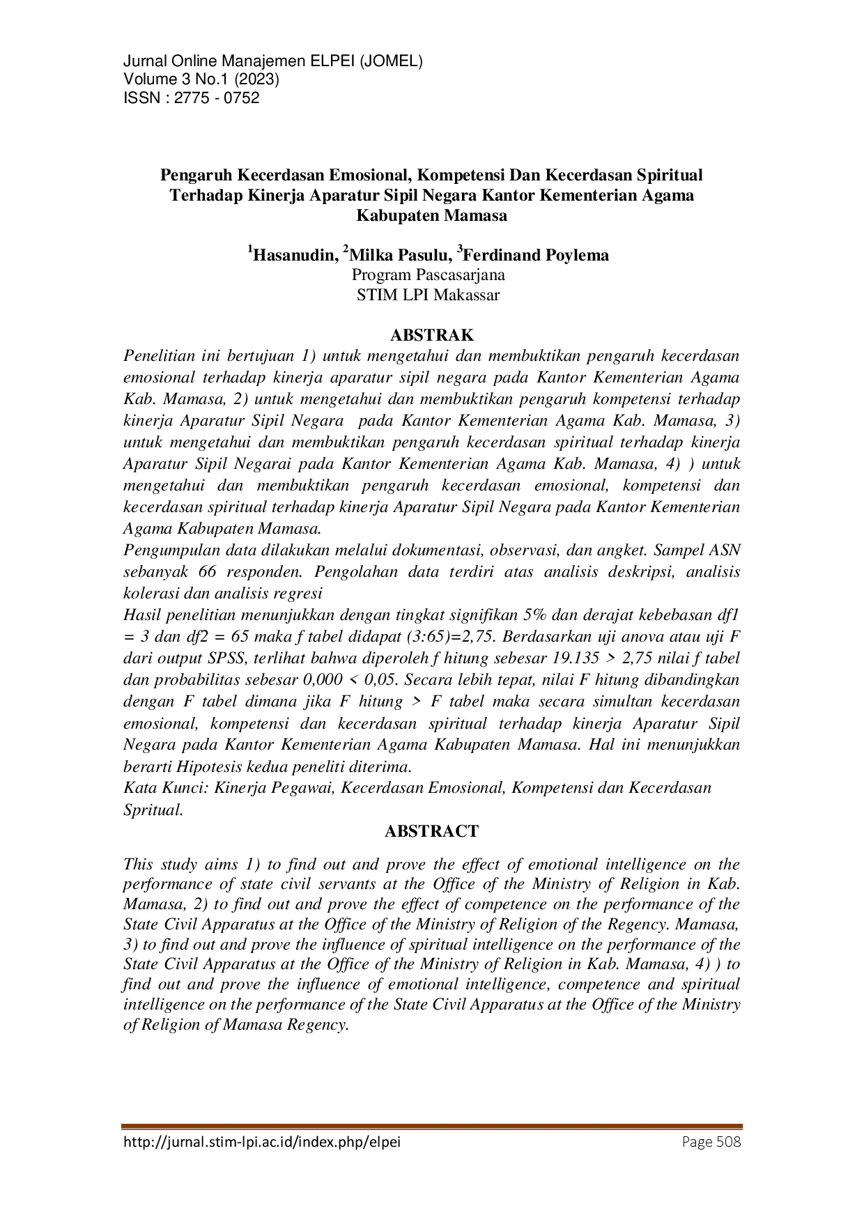 juris Pengaruh Kecerdasan Emosional Kompetensi Dan Kecerdasan Spiritual Terhadap Kinerja Aparatur Sipil Negara Kantor Kementerian Agama Kabupaten Mamasa