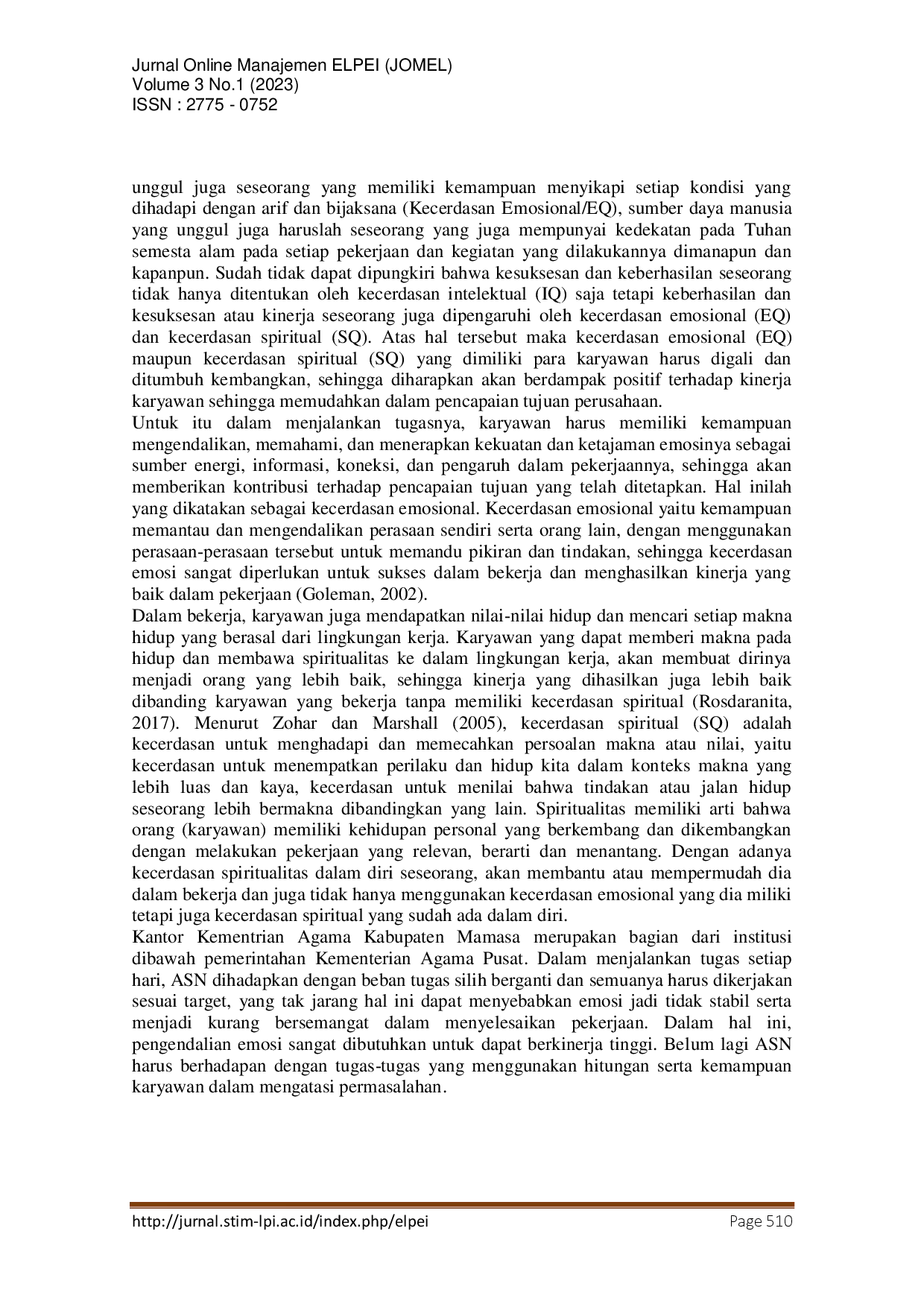 juris Pengaruh Kecerdasan Emosional Kompetensi Dan Kecerdasan Spiritual Terhadap Kinerja Aparatur Sipil Negara Kantor Kementerian Agama Kabupaten Mamasa