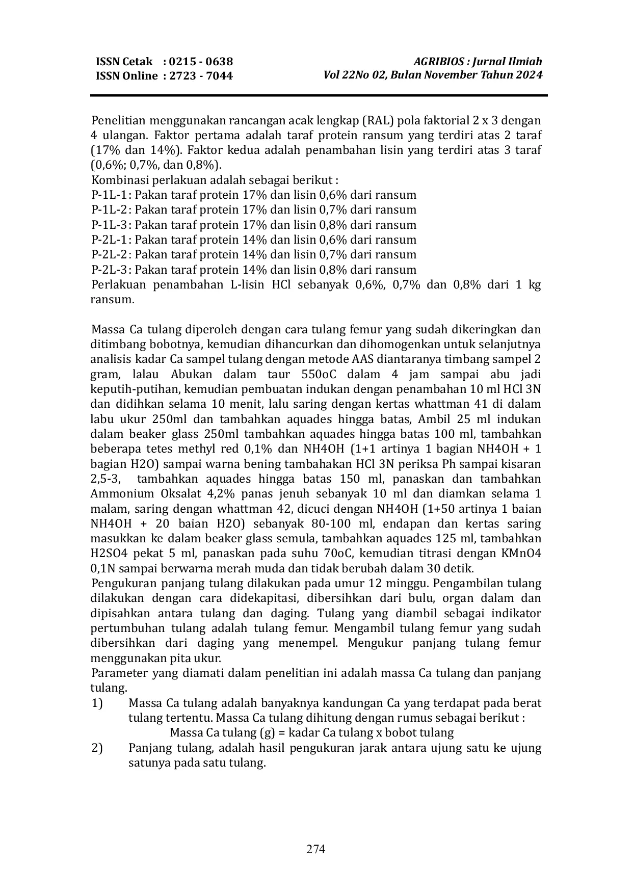 JURIS Pengaruh Protein Dan Lisin Terhadap Massa Kalsium Dan Panjang Tulang Femur Ayam Kampung Finisher